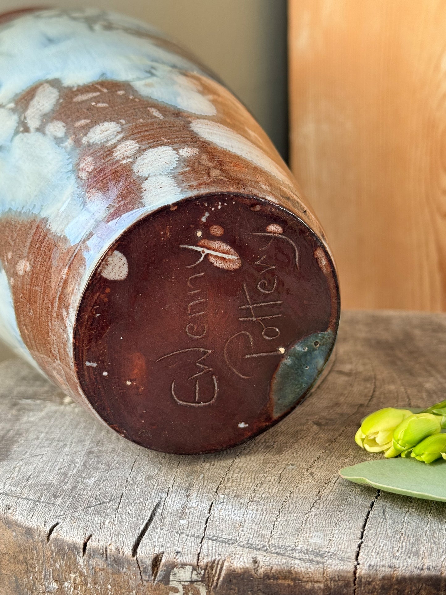 Large Ewenny Studio Pottery Blue Marbled Vase