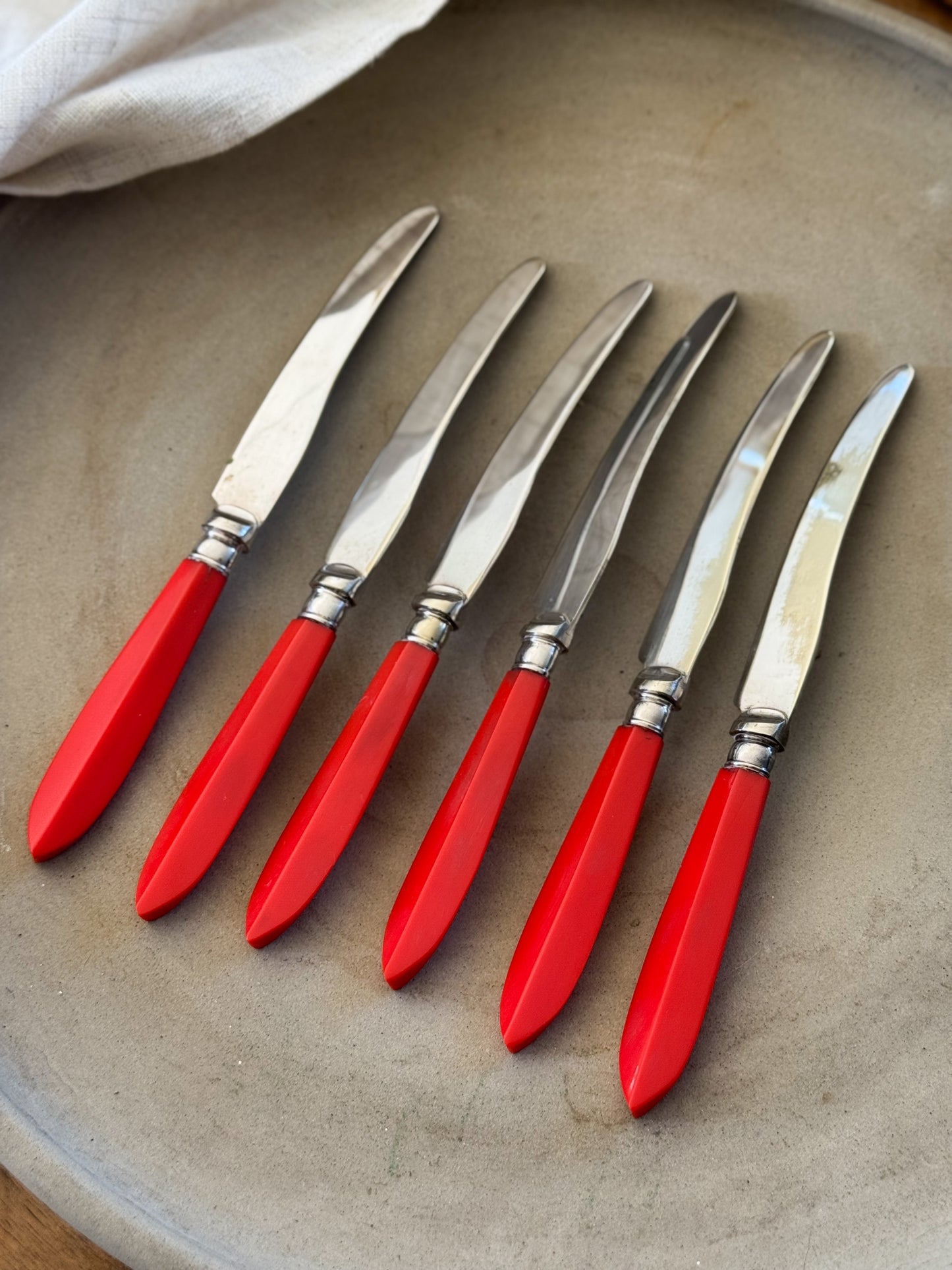 Set of 6 Vintage Silver Plated Tea Knives with Red Handles