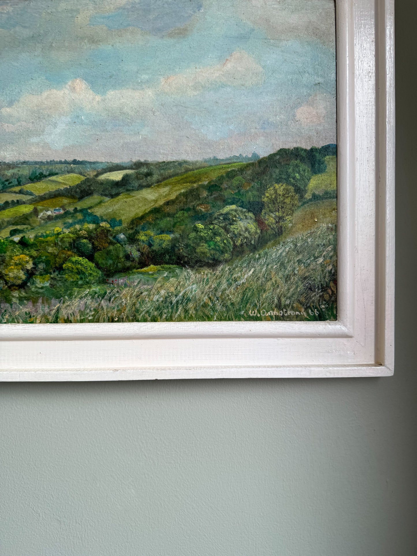 Original Midcentury Rural Landscape Framed Oil on Board by W.Armstrong