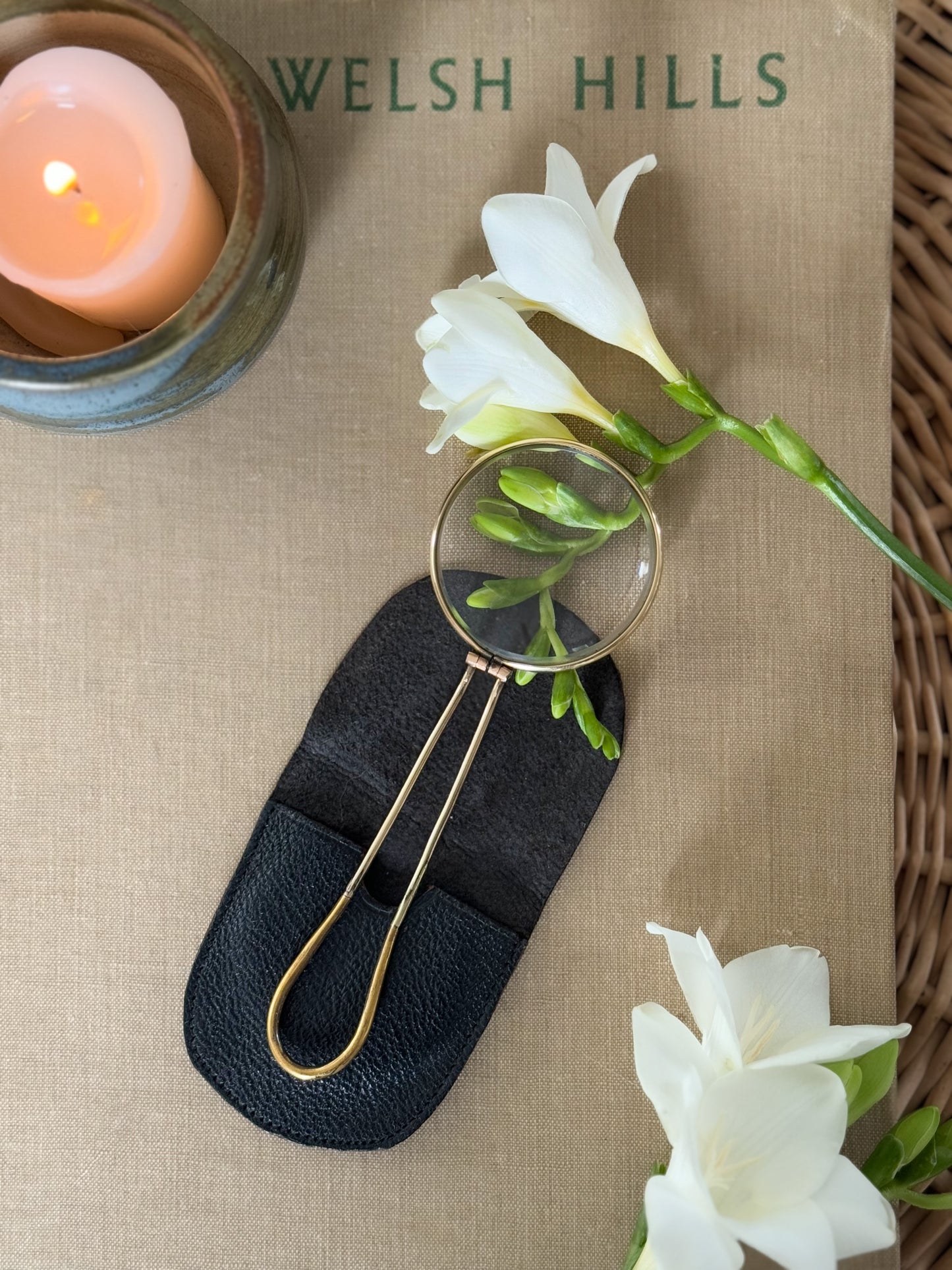 Vintage Brass Folding Magnifying Glass with Leather Pouch