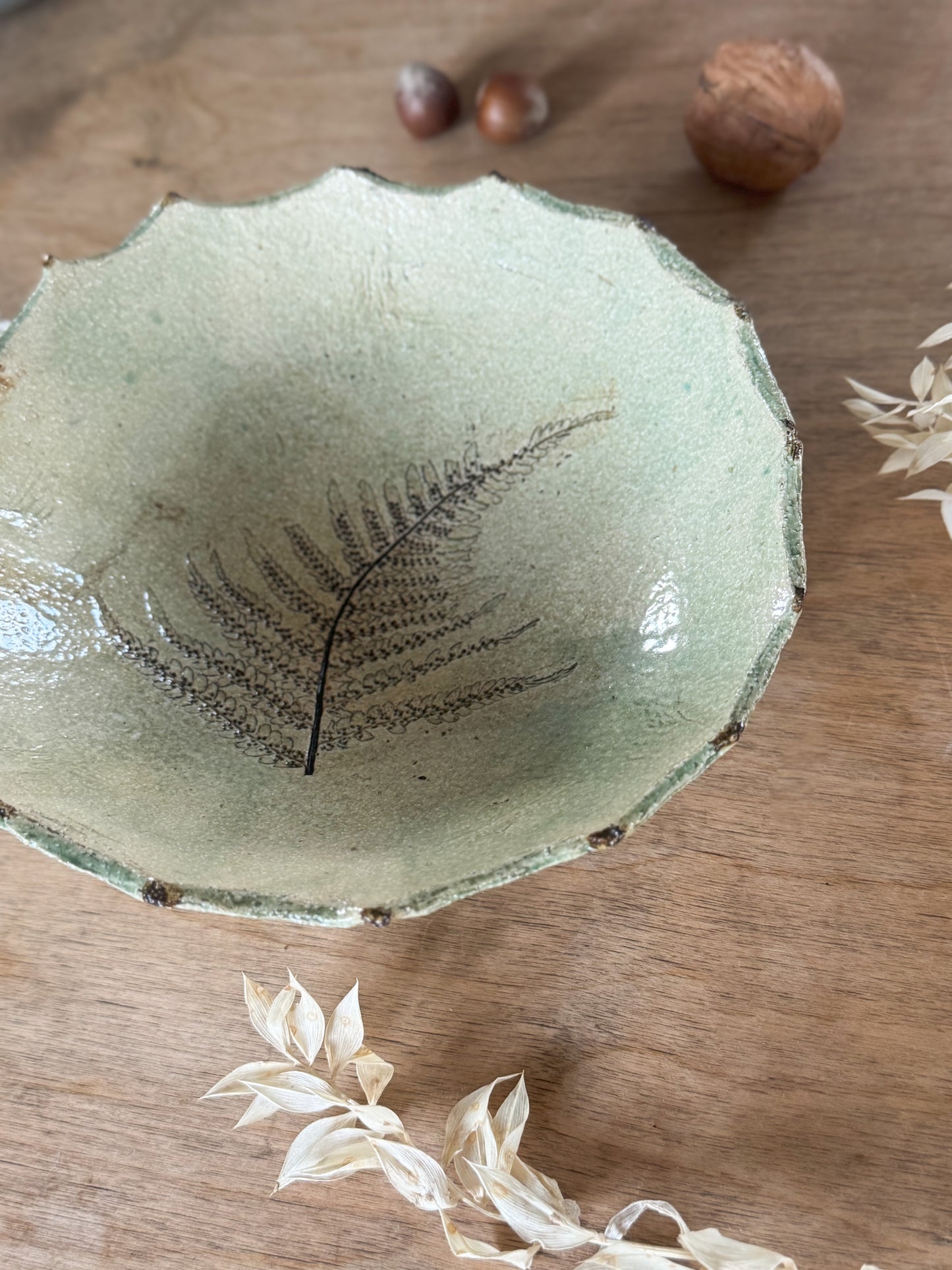 Vintage Studio Pottery Impressed Fern Botanical Bowl
