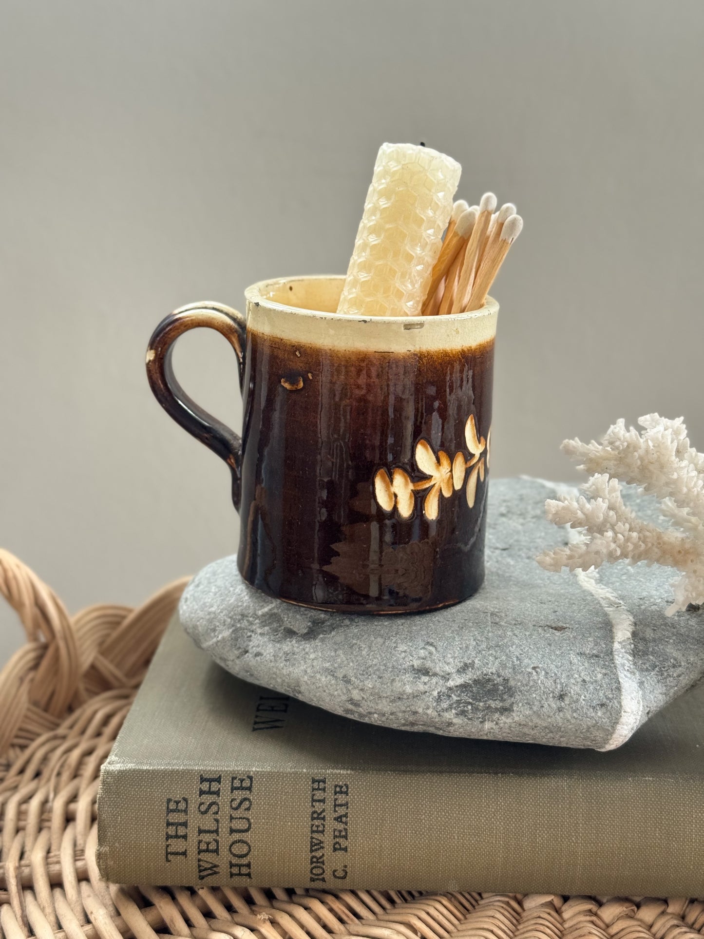 Antique Slipware Cup with Hand-Trailed Floral Decoration - Traditional British Earthenware, Rich Treacle Glaze, Early 20th Century