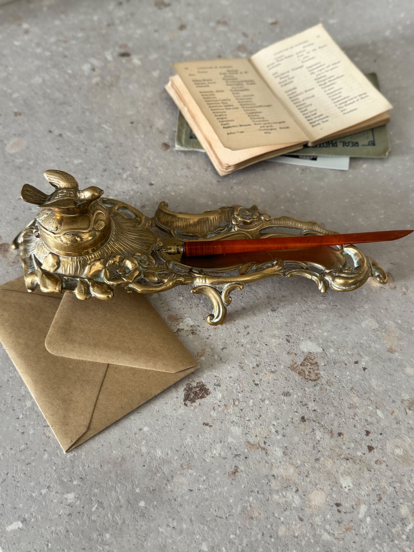 Antique Victorian Brass Inkwell with Ceramic Insert and Bird Detail