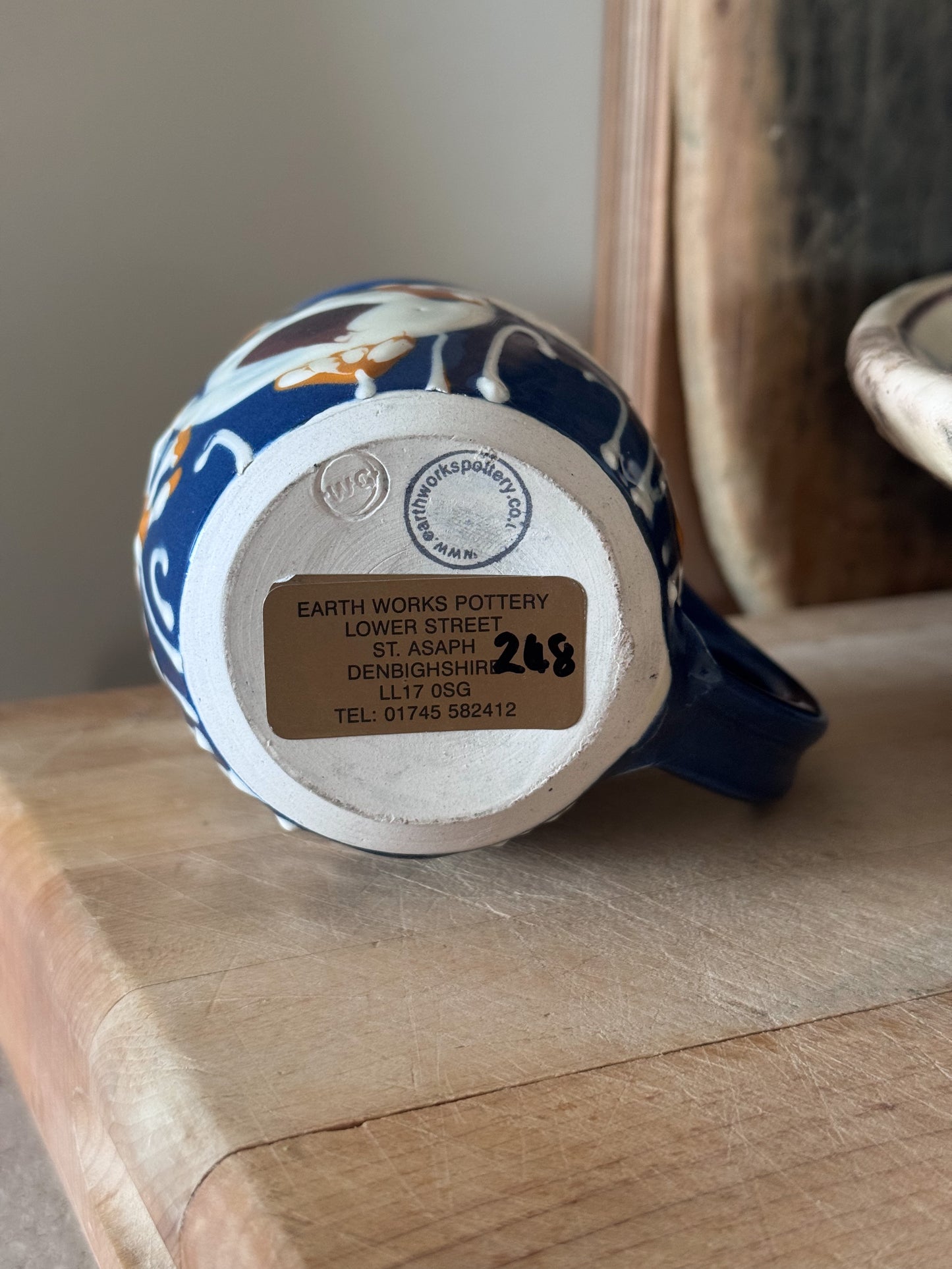 Welsh Studio Pottery Blue Floral Slipware Mug by Wendy Gill, Earthworks Pottery