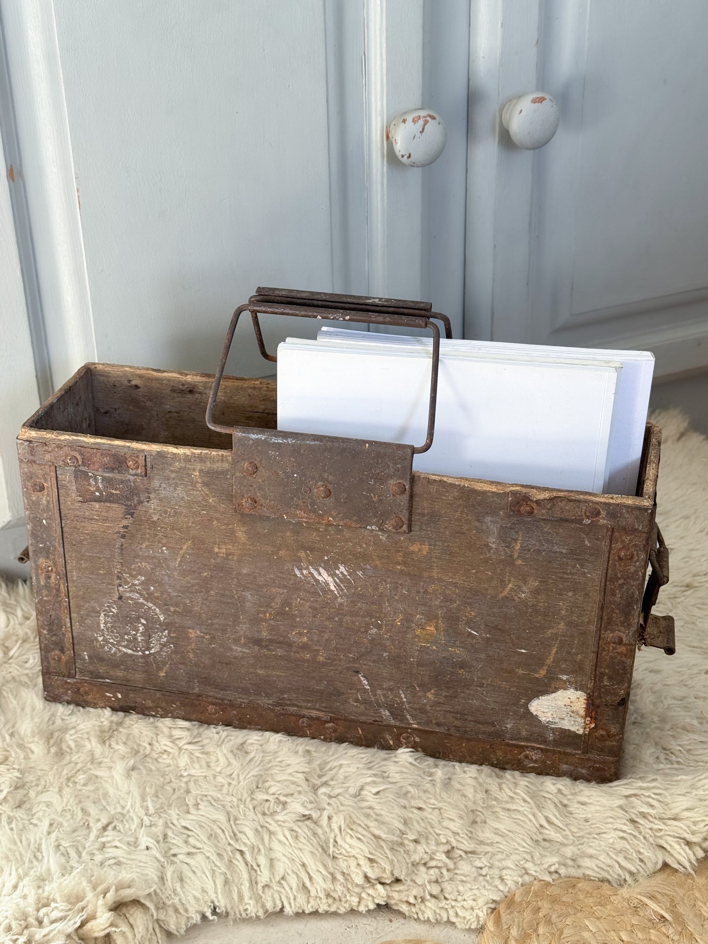 Vintage Wooden Ammunition Box with Iron Handle • Magazine Rack