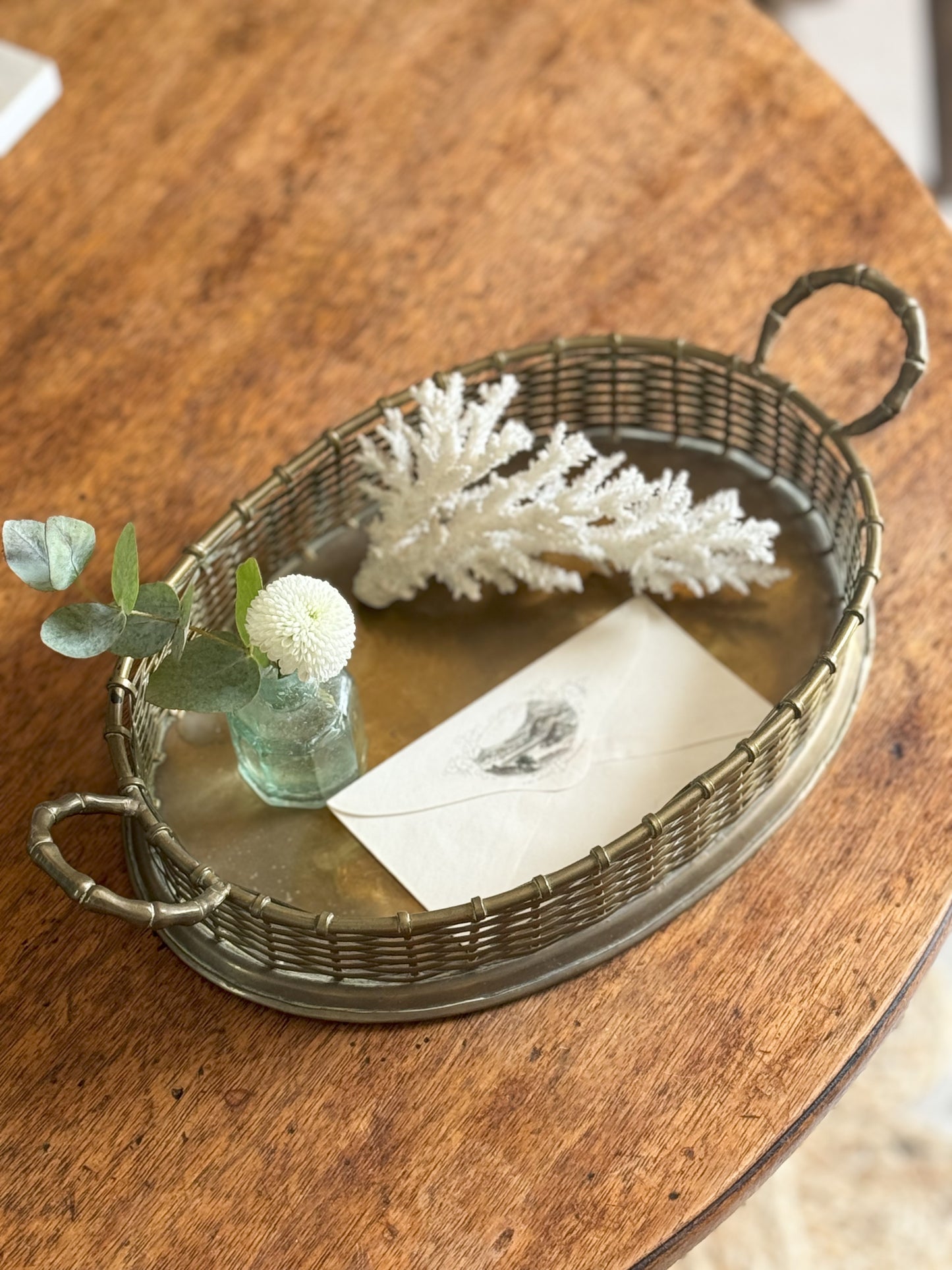 Handmade Brass Basket Tray With Bamboo Handles