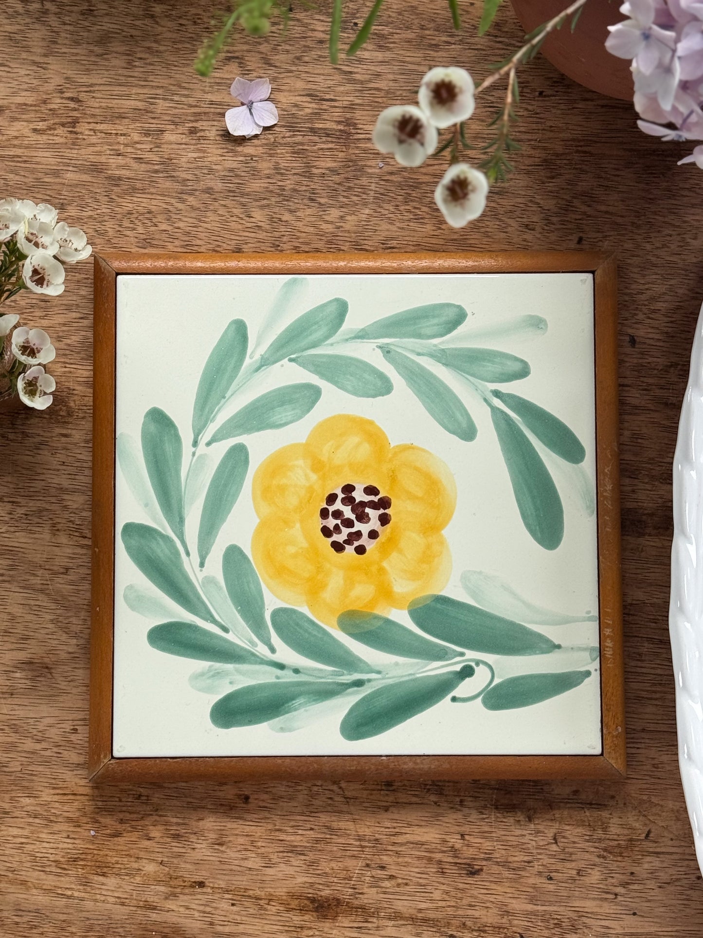 Vintage Hand-Painted Floral Tile Trivet