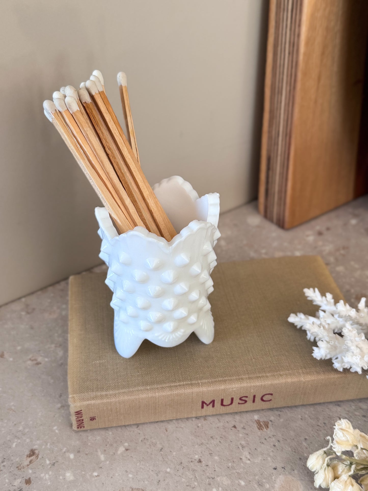 Vintage Milk Glass Hobnail Match Pot