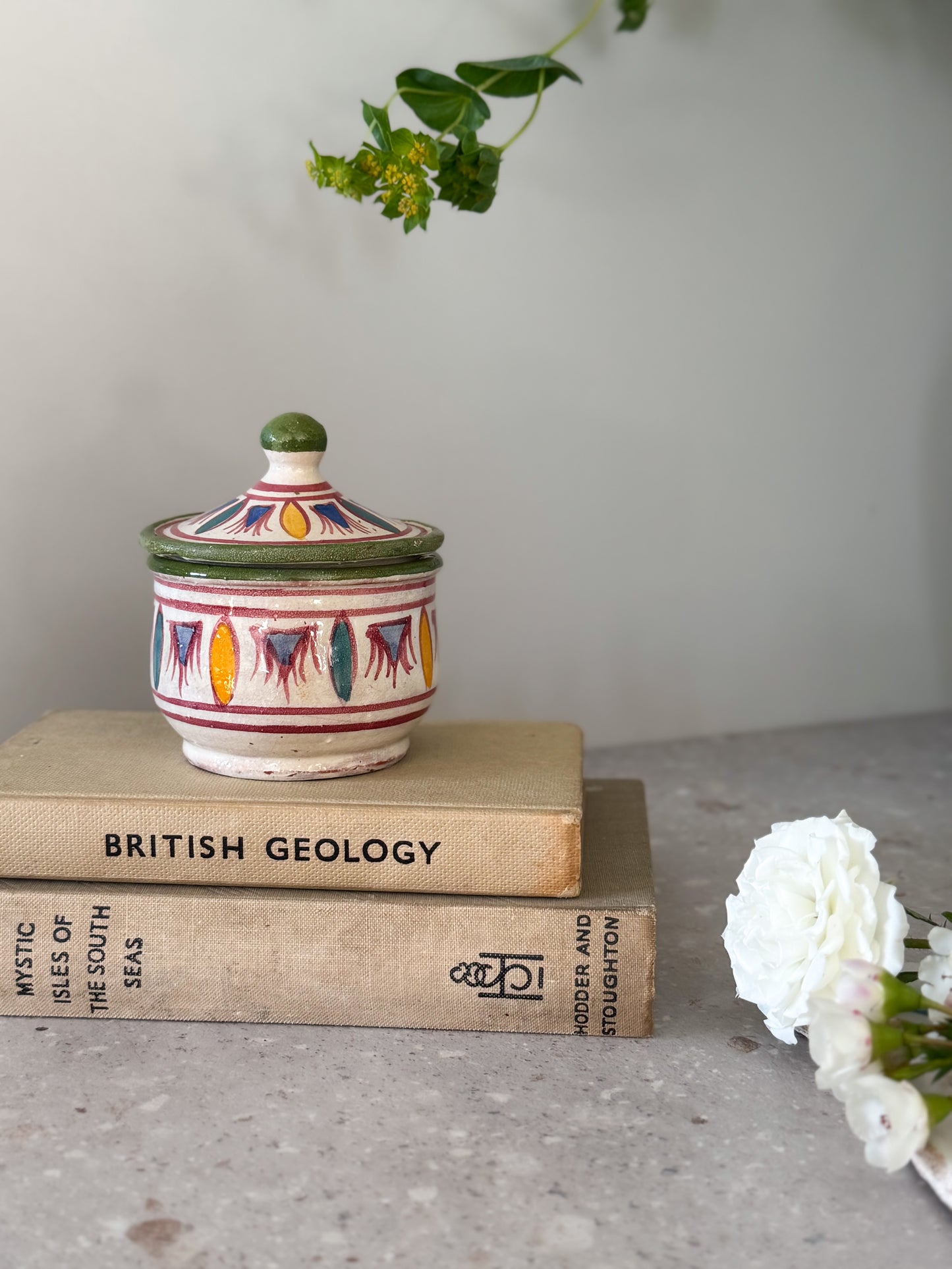 Vintage Mediterranean Hand-Painted Studio Pottery Lidded Trinket Pot