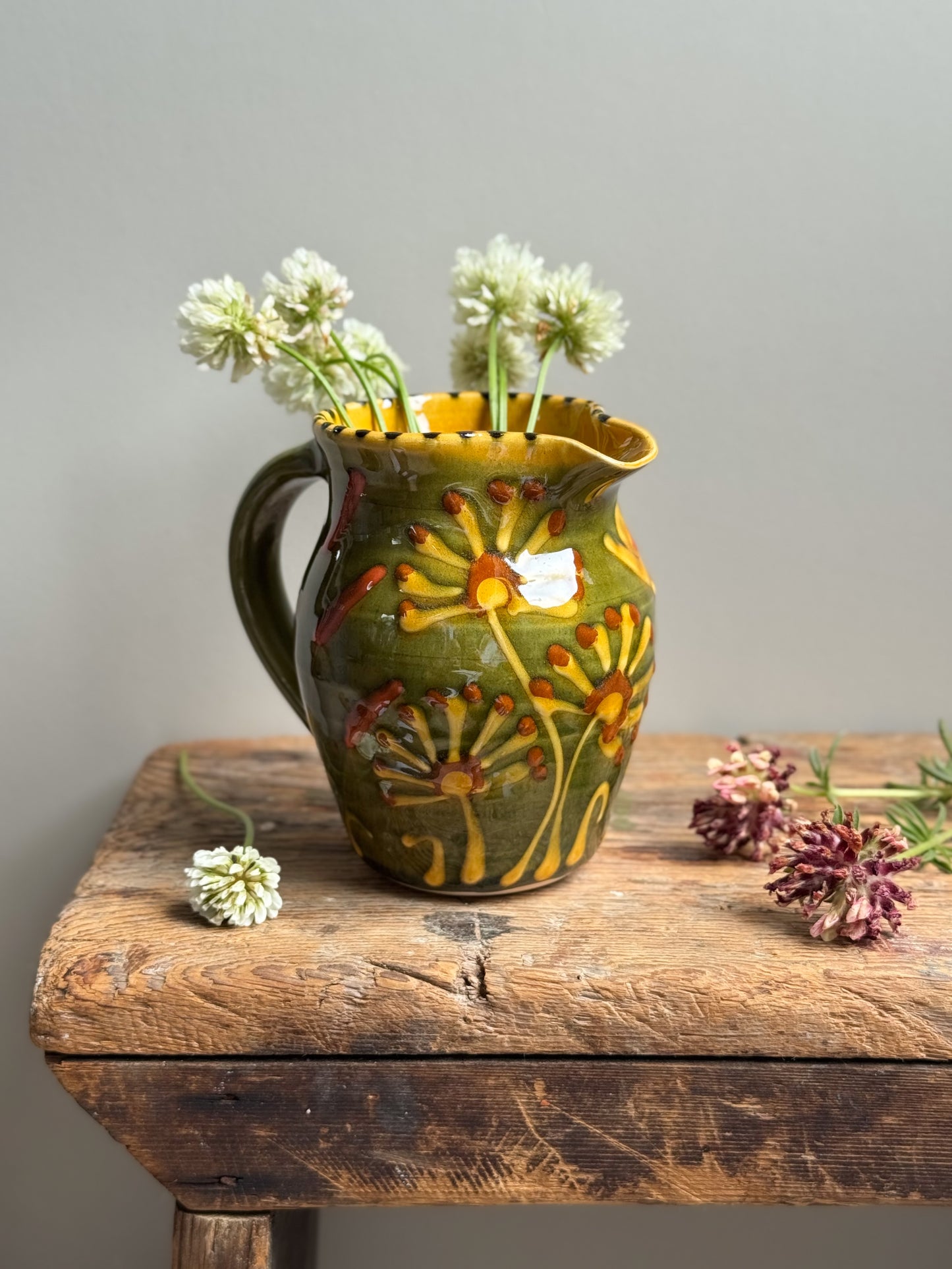 Welsh Studio Pottery Olive Green Floral Creamer by Wendy Gill, Earthworks Pottery