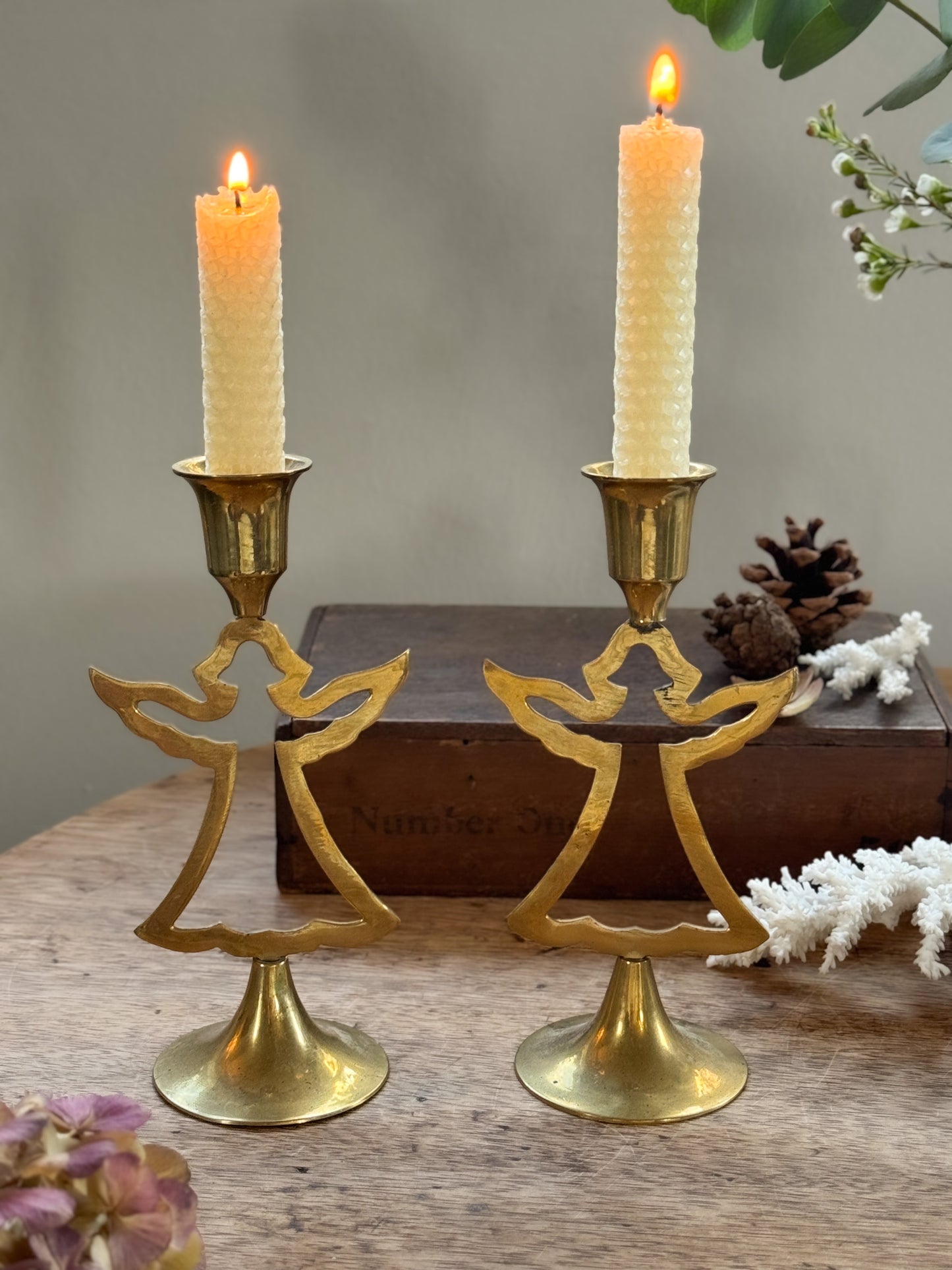 Pair of Vintage Mid-Century Solid Brass Angel Candle Holders