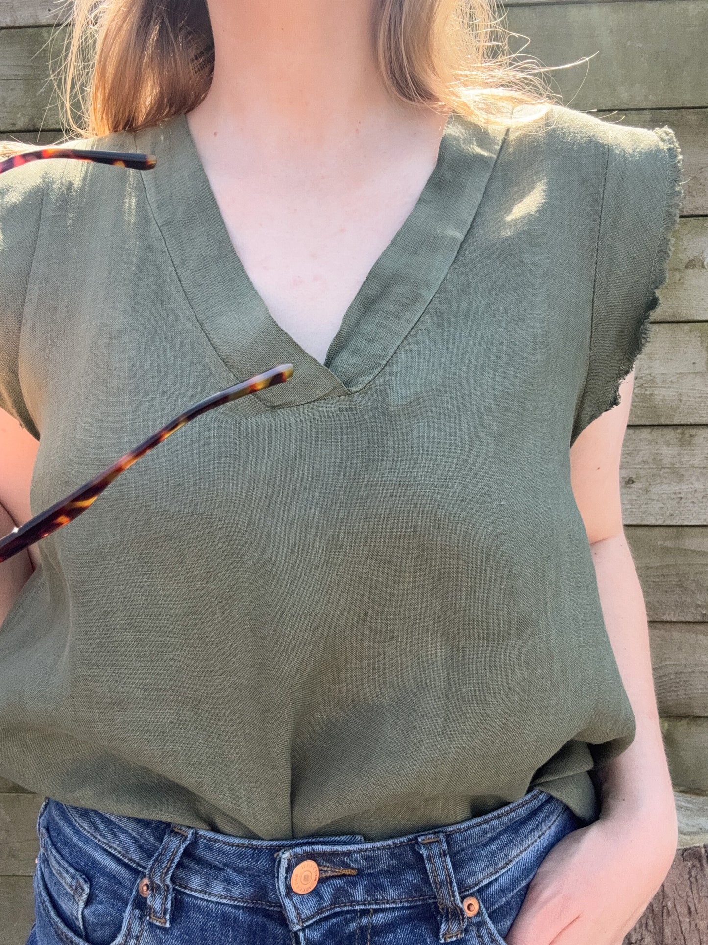 Vintage 100% Linen Top, Olive Green, Made in Italy, Size M-L