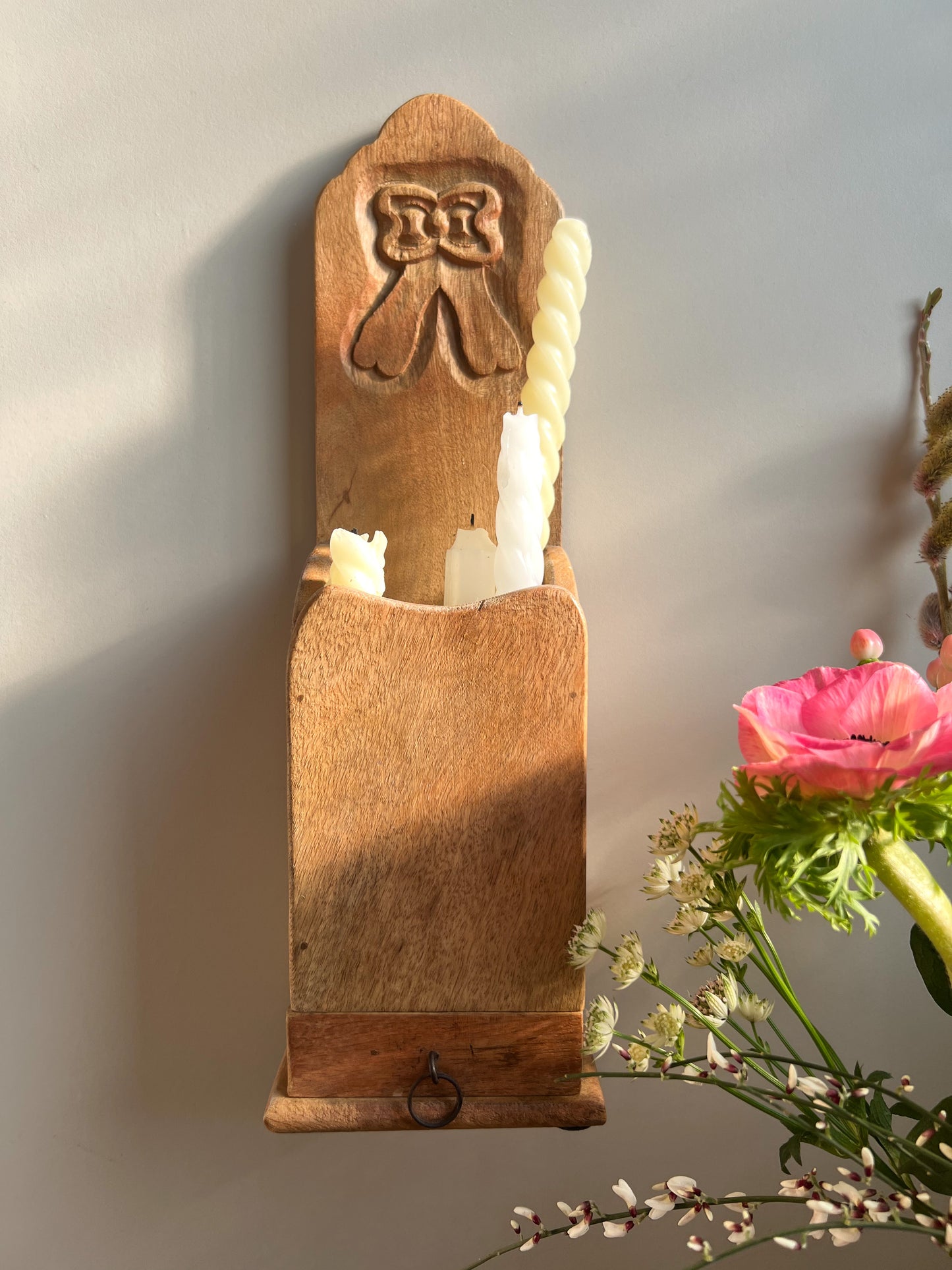 Vintage Hand-carved Bow Detail Candle Box with Match Box Drawer • Made in India