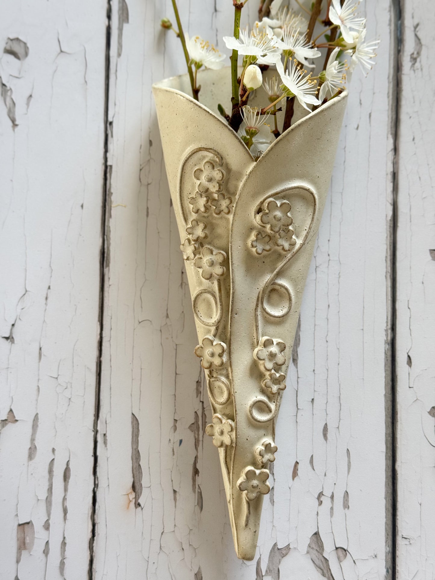 Vintage Handmade Studio Pottery Floral Wall Pocket Vase