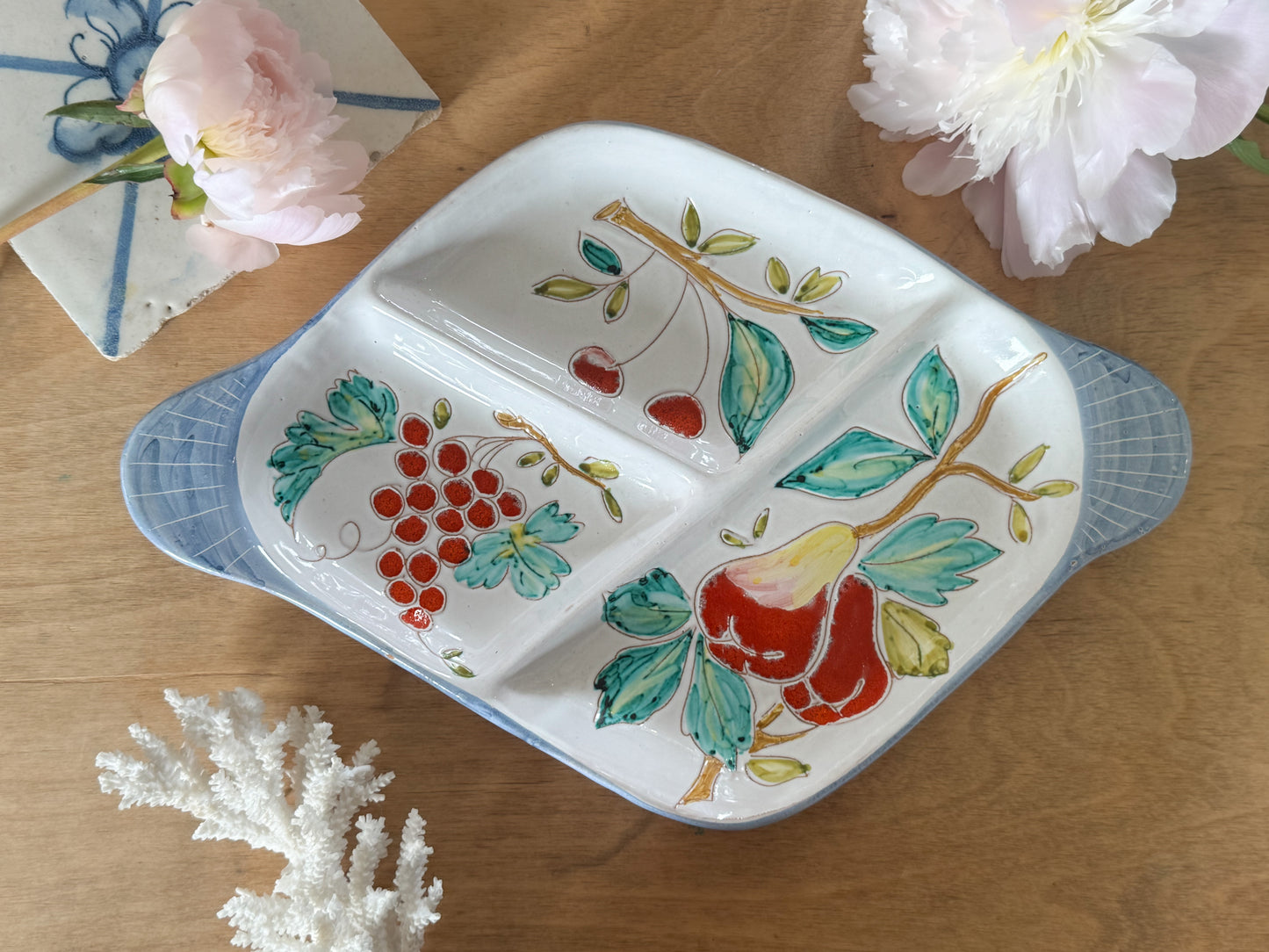 Hand-Painted Italian Ceramic Fruit Platter, Sectioned Serving Dish