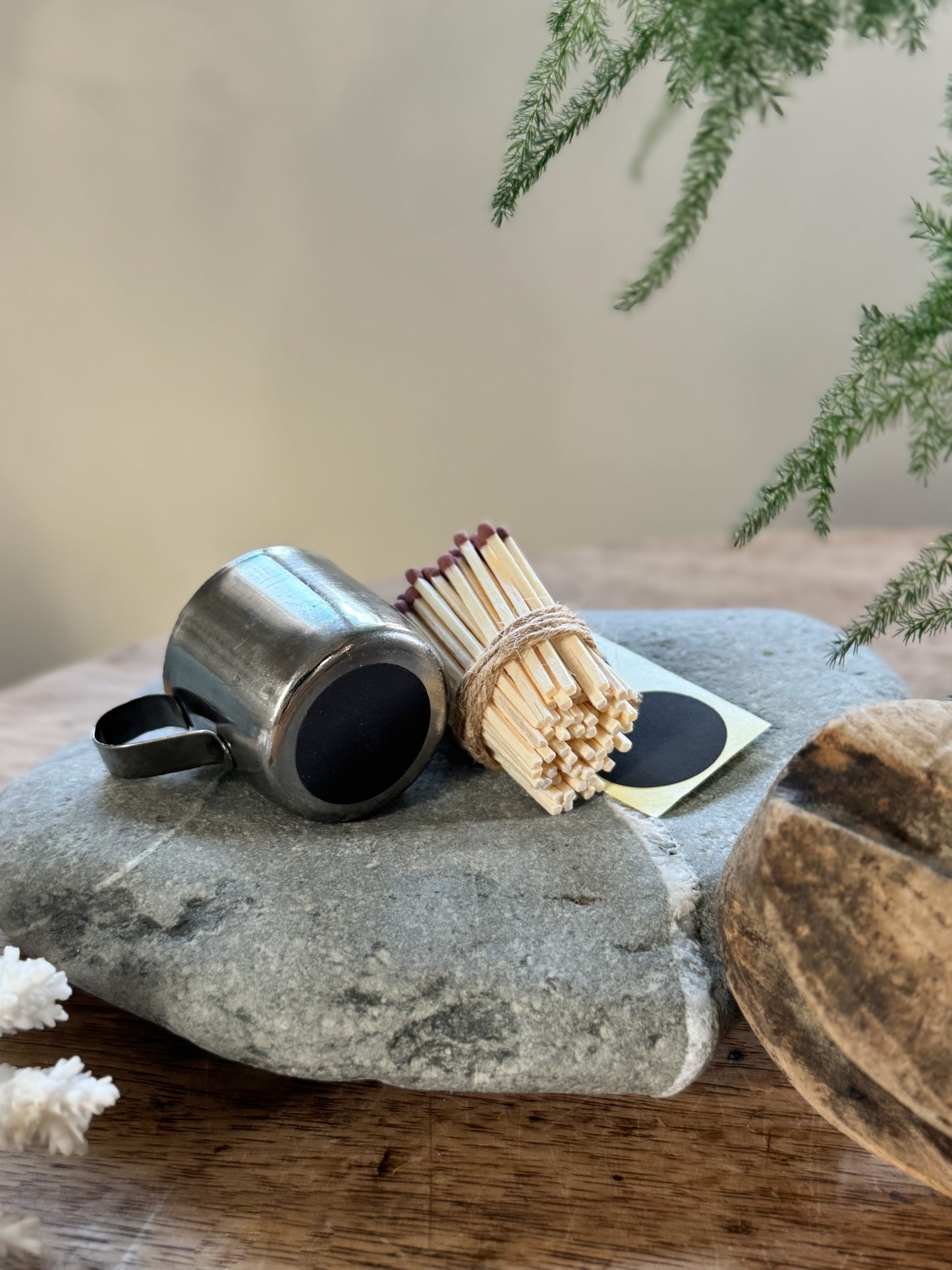 Vintage Midcentury Stainless Steel Match Pot Jug with Striker and Matches