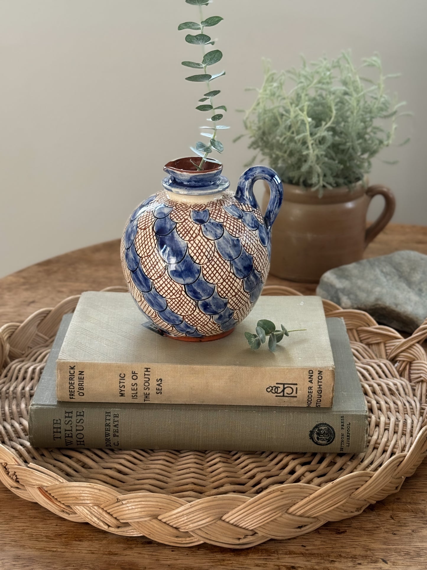 Vintage Glazed Blue Slipware Sculptural Jug