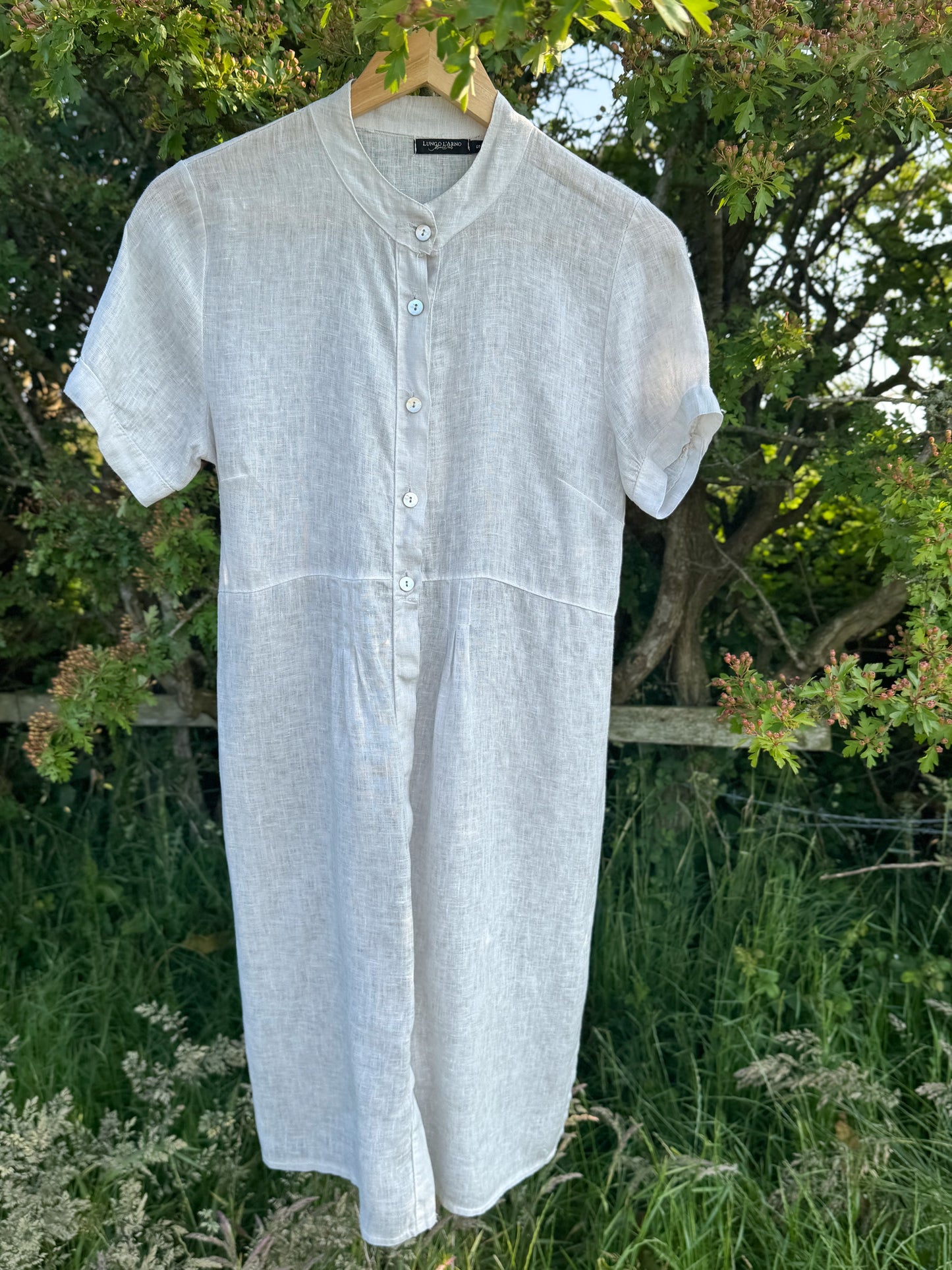 Vintage Italian Lungo L’Arno Linen Shirt Dress with Mother of Pearl Buttons – Size S