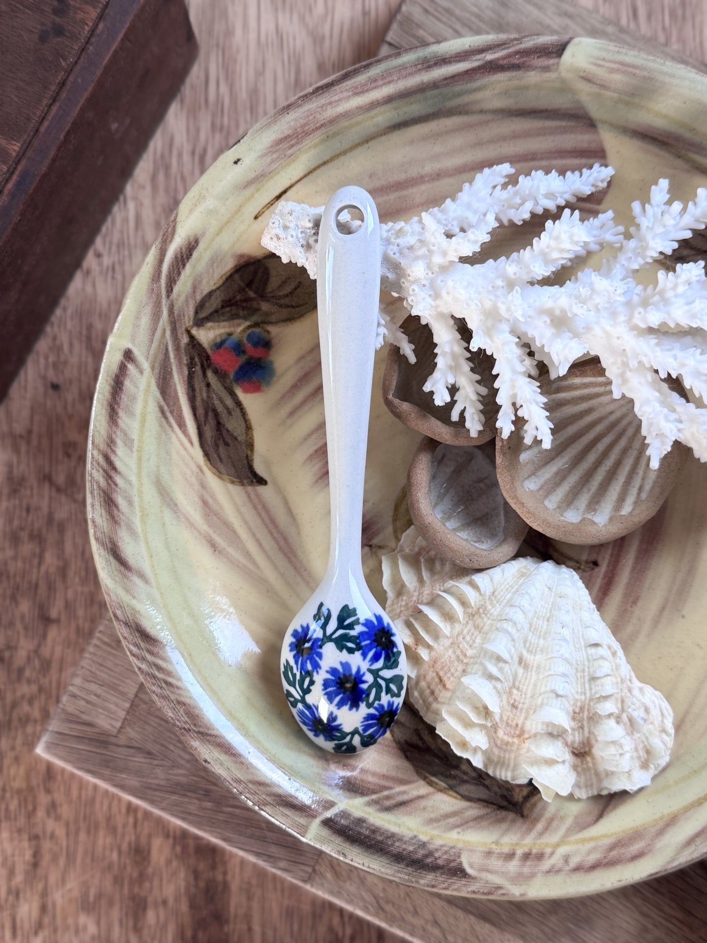 Vintage Polish Pottery Sugar Spoon with Hand-Painted Blue Floral Motif