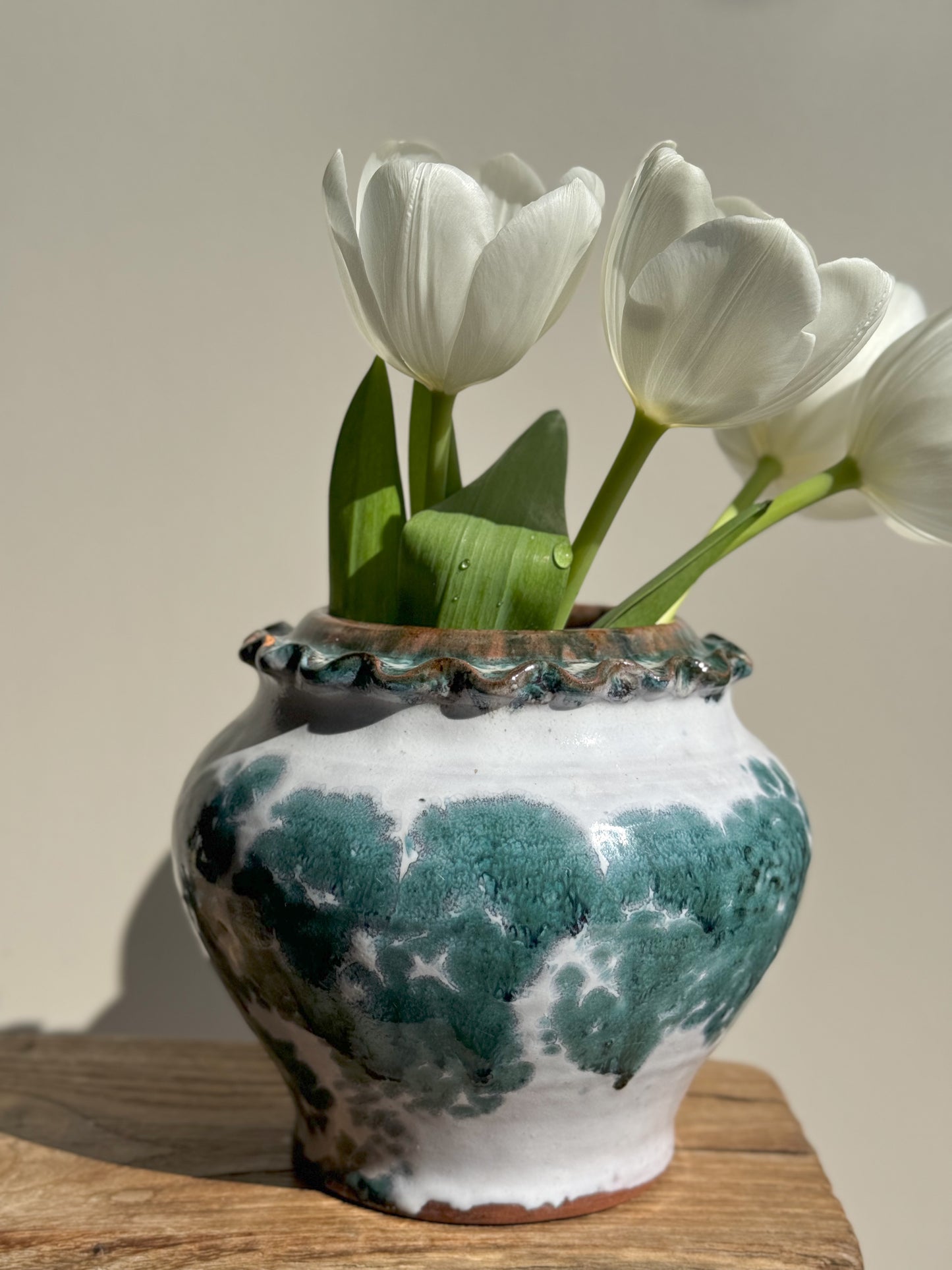 Studio Pottery Drip Glaze Scalloped Pot