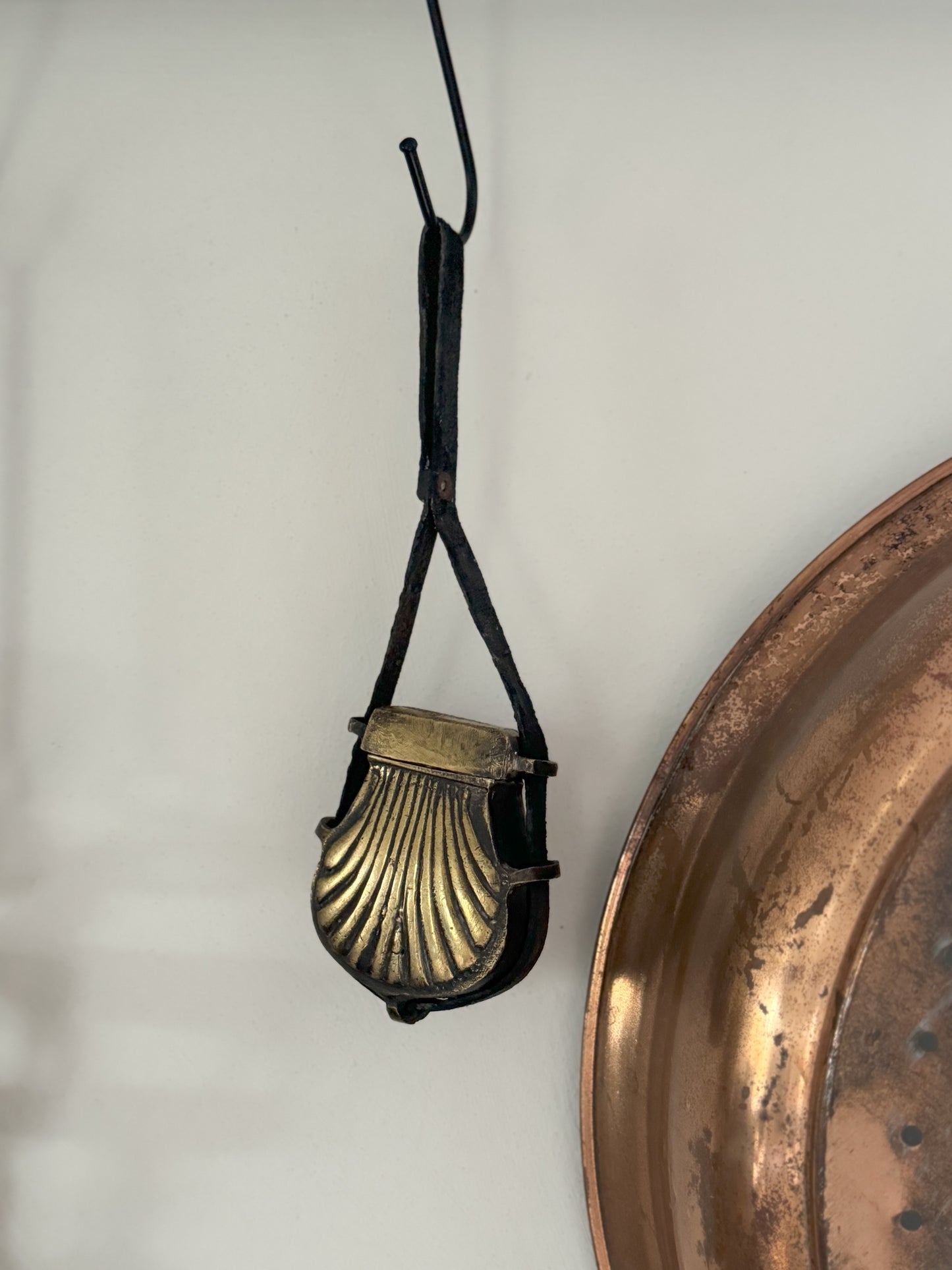 Antique 19th Century Brass Shell Shaped Ottoman Pouch | Cartridge Holder with Leather Strap