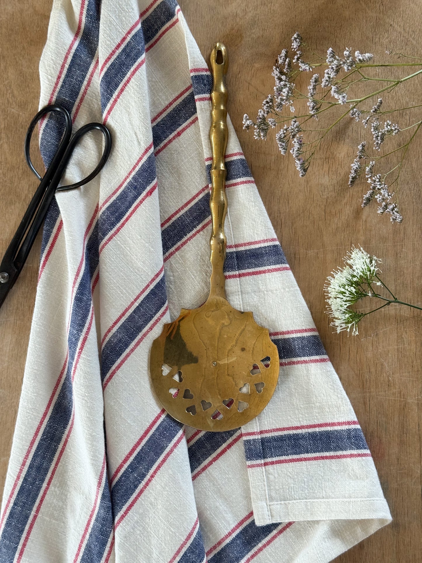 Vintage Solid Brass Ladle - Heart Cut-Outs & Bamboo-Style Handle