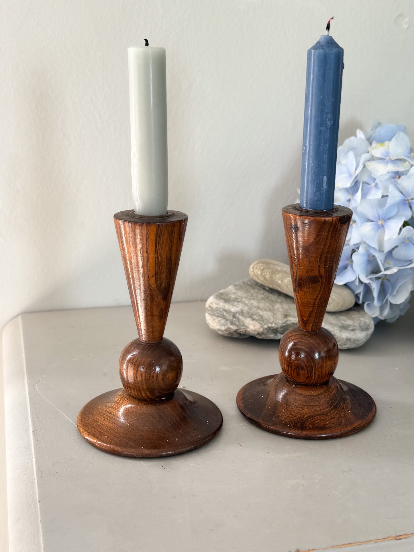 Pair of Vintage Hand-Turned Wooden Candlestick Holders