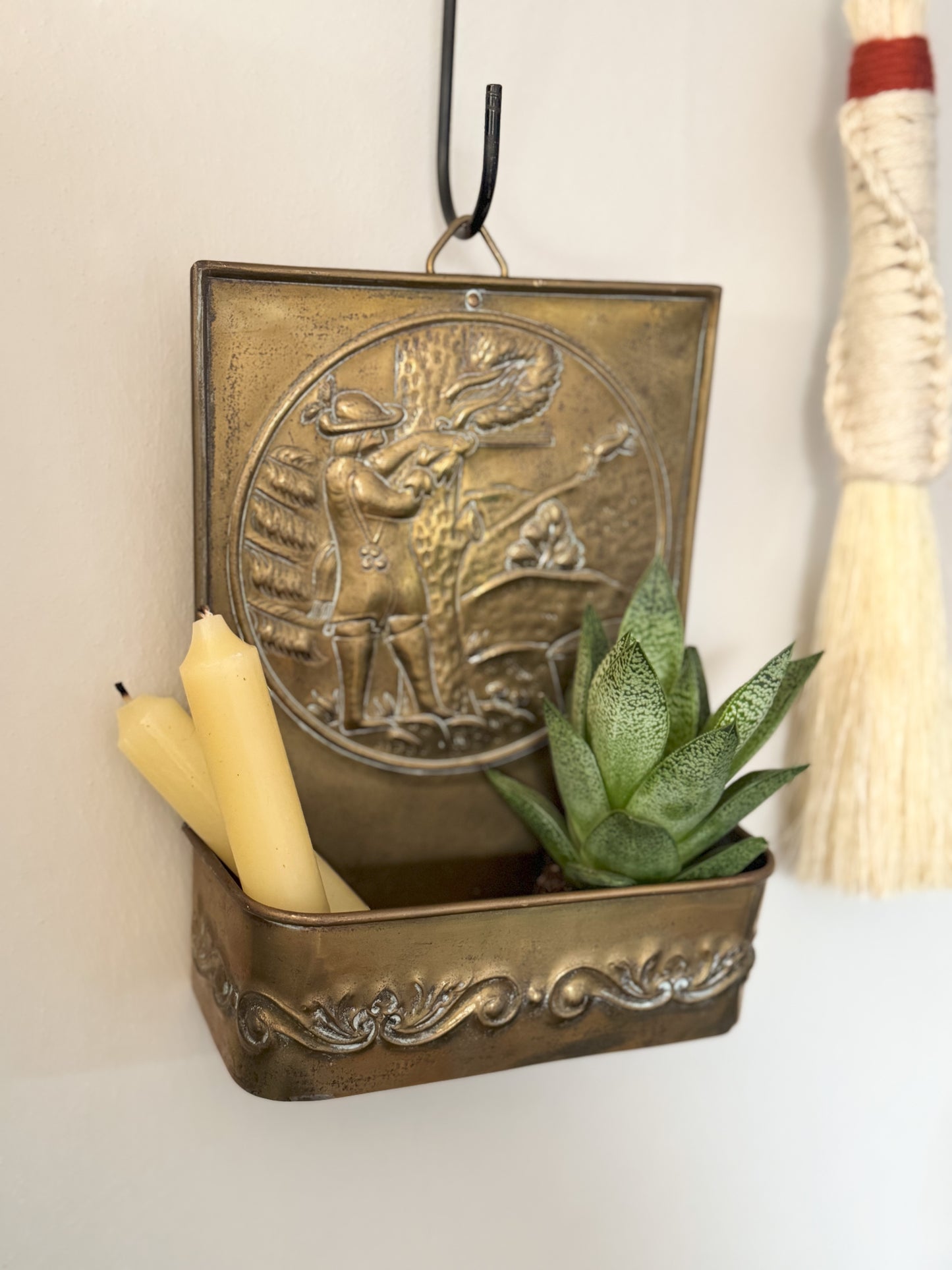 Antique Art Nouveau Brass ‘Huntsman’ Wall Pocket | Candle Box