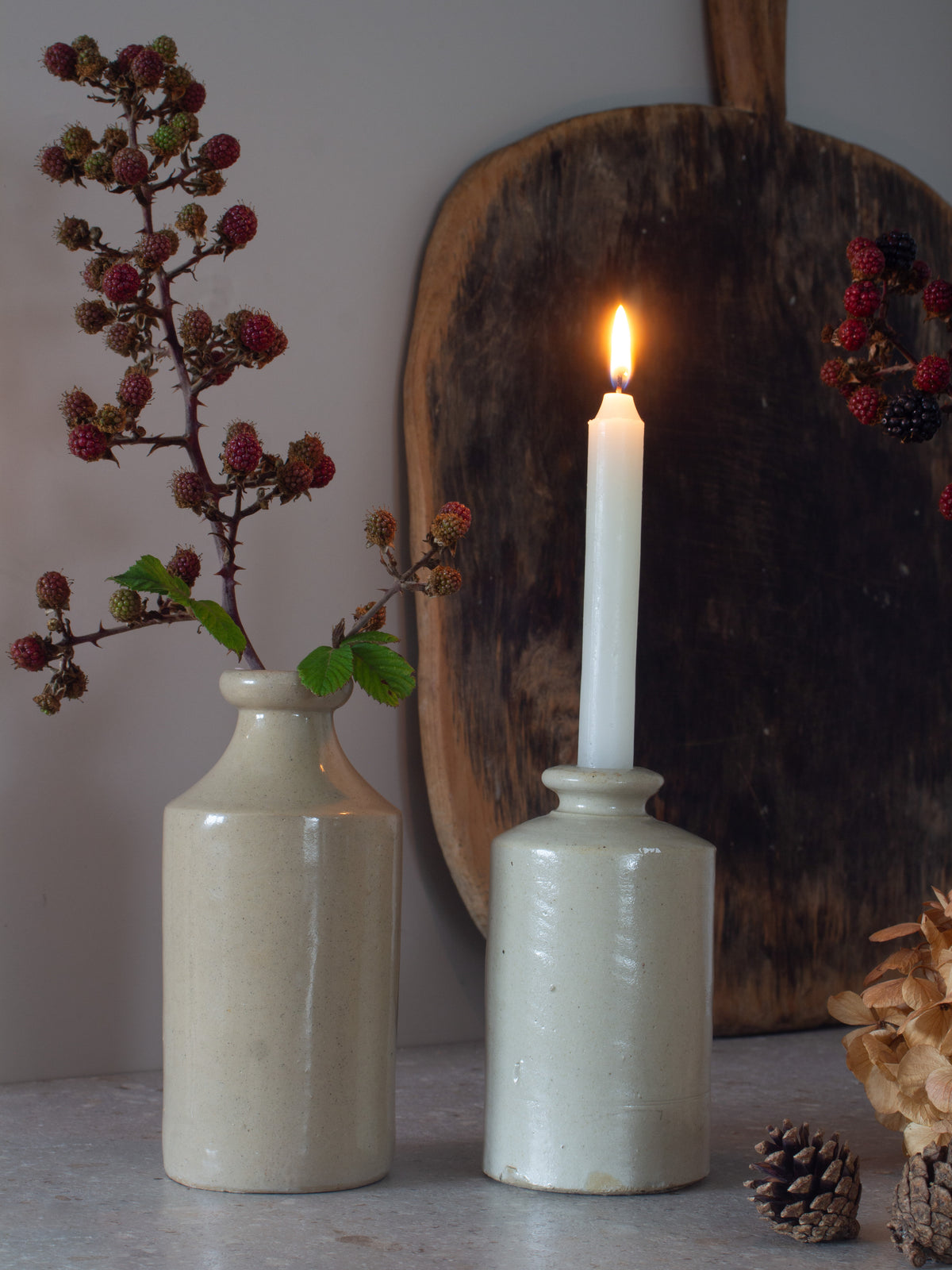 Pair of Antique Glazed Stoneware Bottles | Bud Vases & Candle Holders
