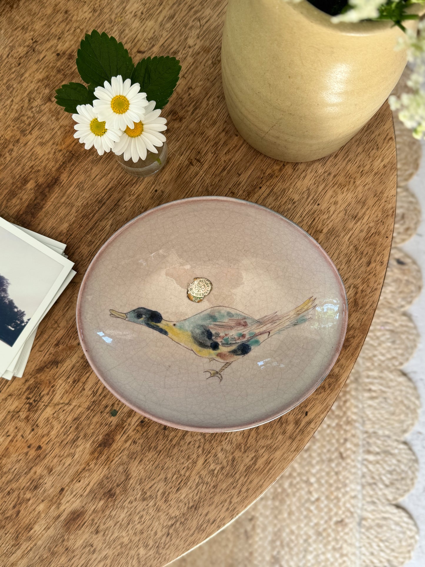 Hand-Painted German Studio Pottery Bowl – Bird Motif with Aqua Drip Glaze, Bad Wiessee