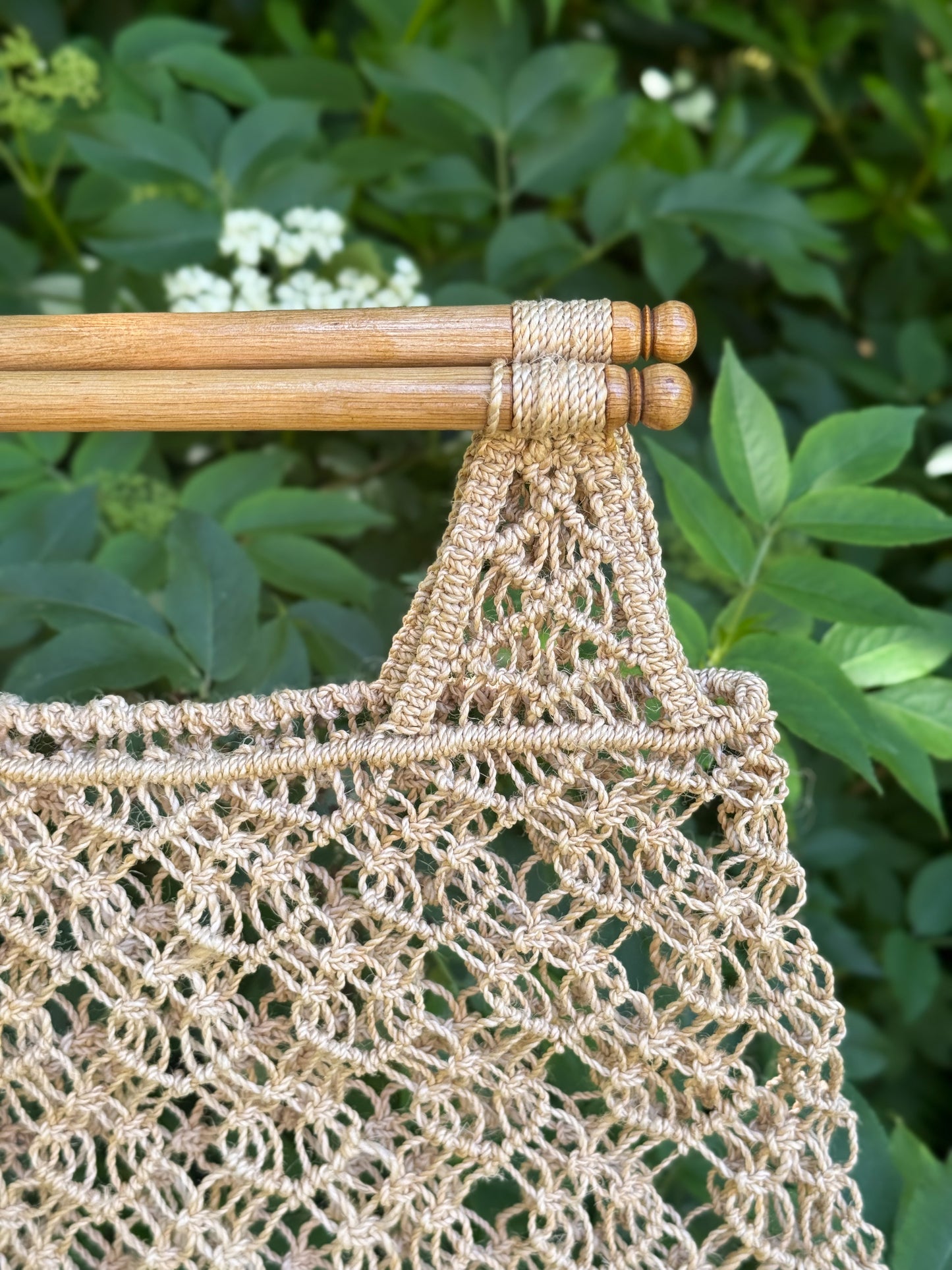 Vintage 1970s Macramé Shopper with Light Wooden Handles