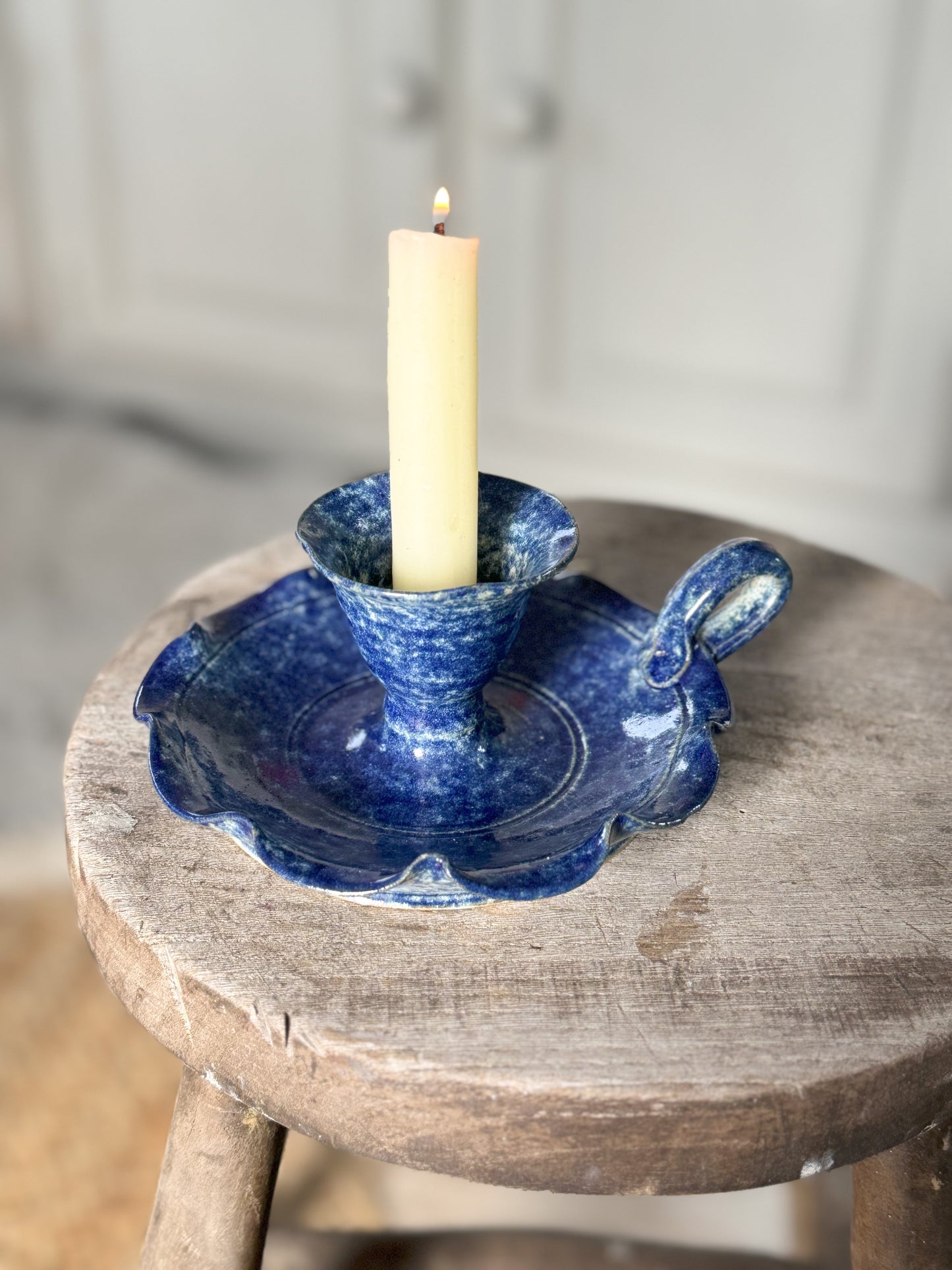 Vintage Studio Pottery Mottled Blue Scalloped Chamberstick