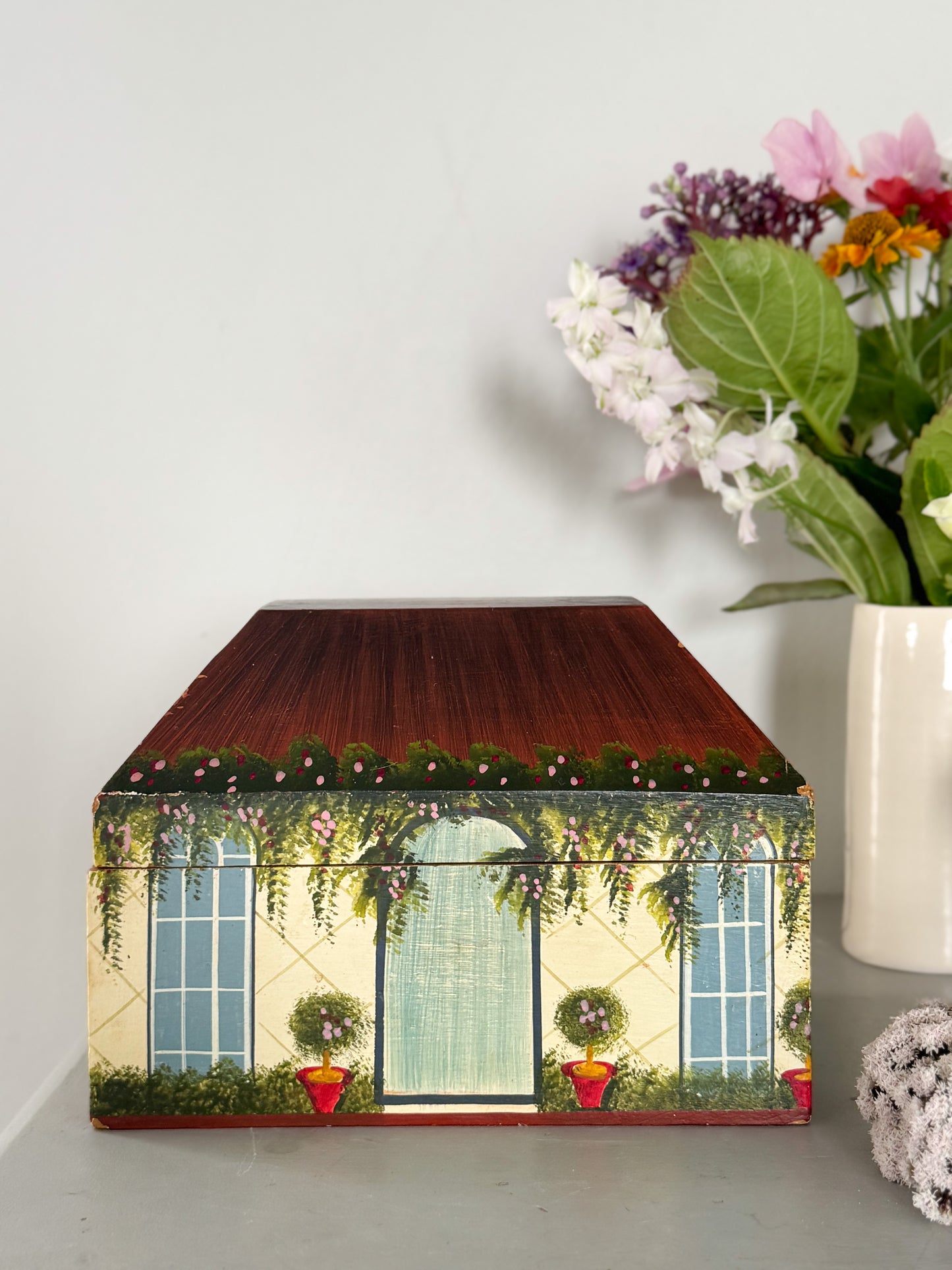 Vintage Hand-Painted Wooden Cottage Keepsake Box