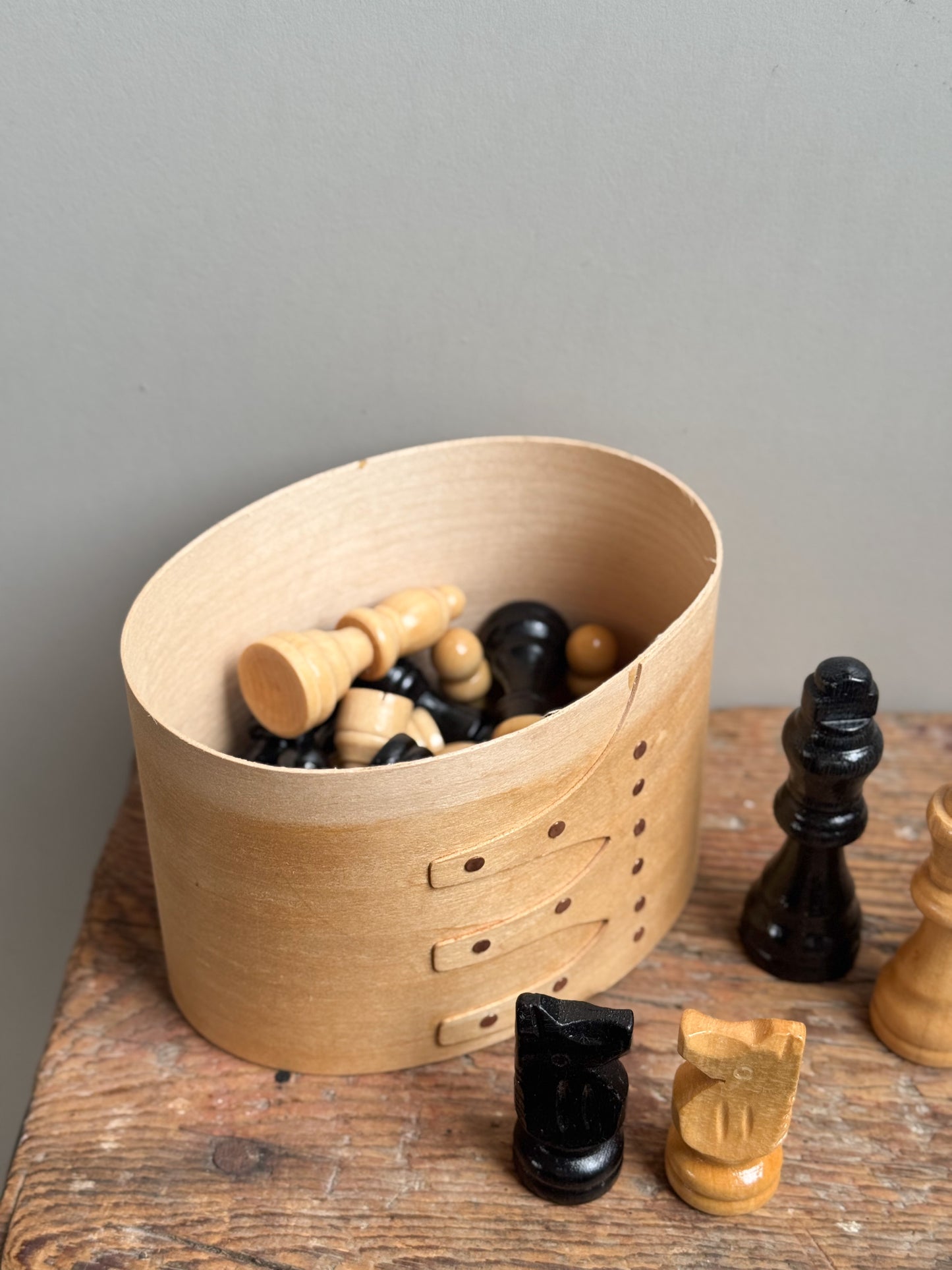 Vintage Hand-Carved Wooden Chess Pieces in Bentwood Box