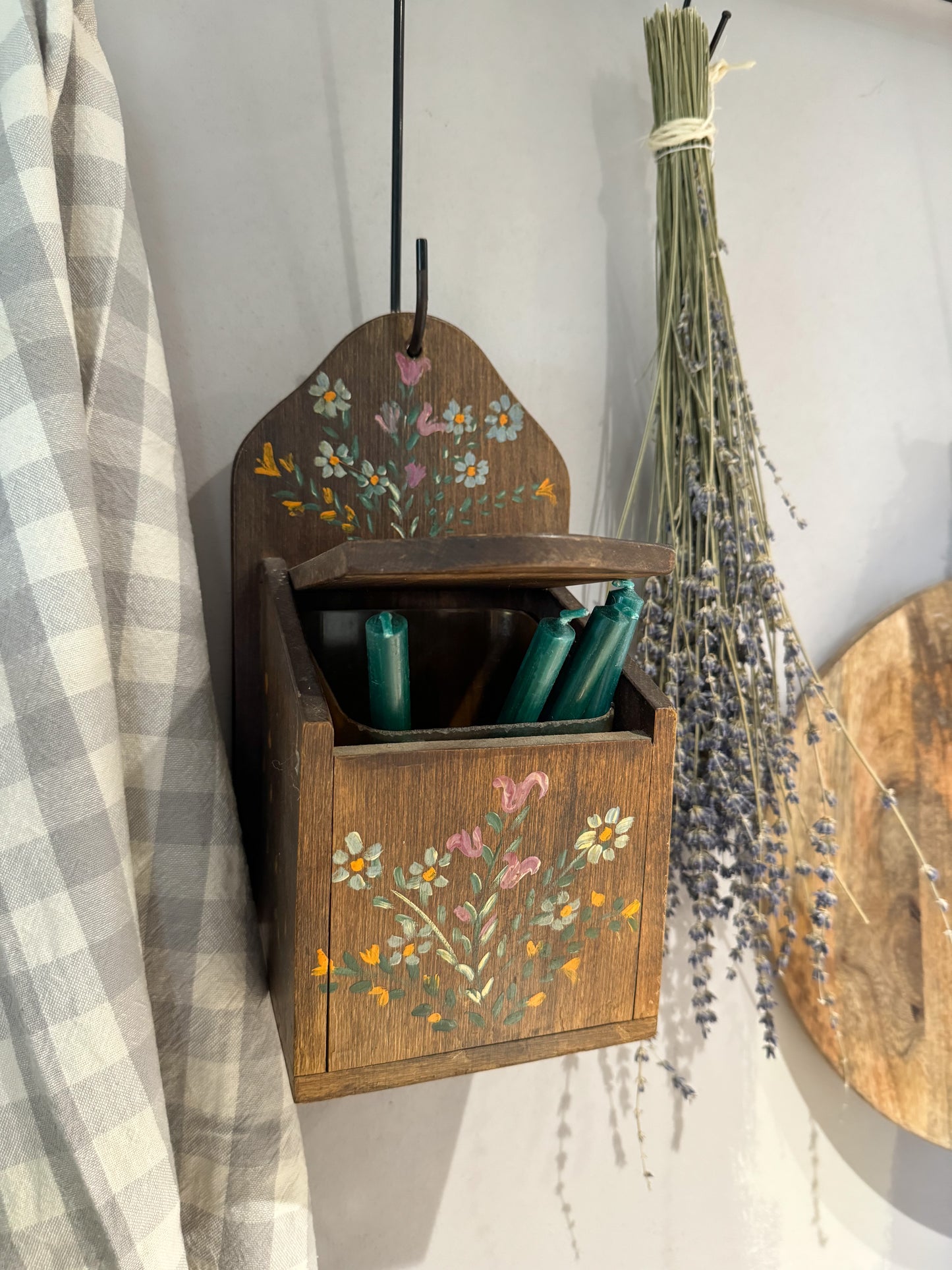 Folk Art Hand-Painted Floral Candle Box • Salt Box