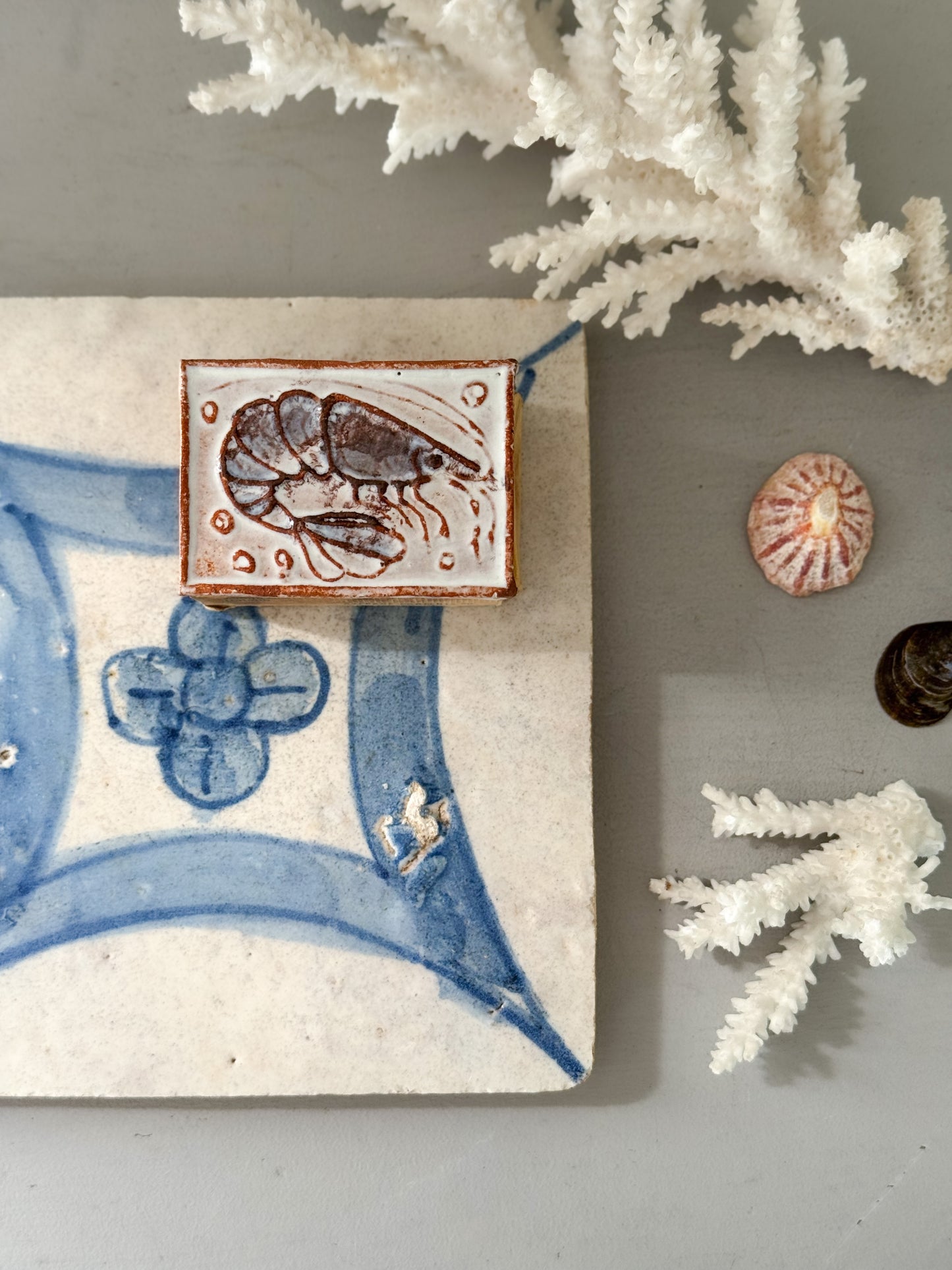 Vintage Handmade Folk Art Slipware Matchbox – Prawn Motif