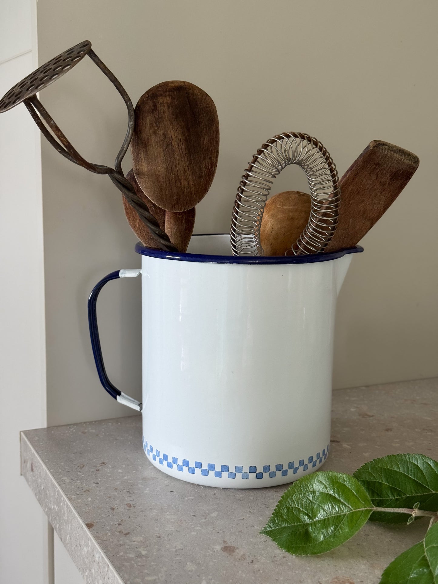 Large Vintage Enamel Jug, Blue & White “Kitchen” Design