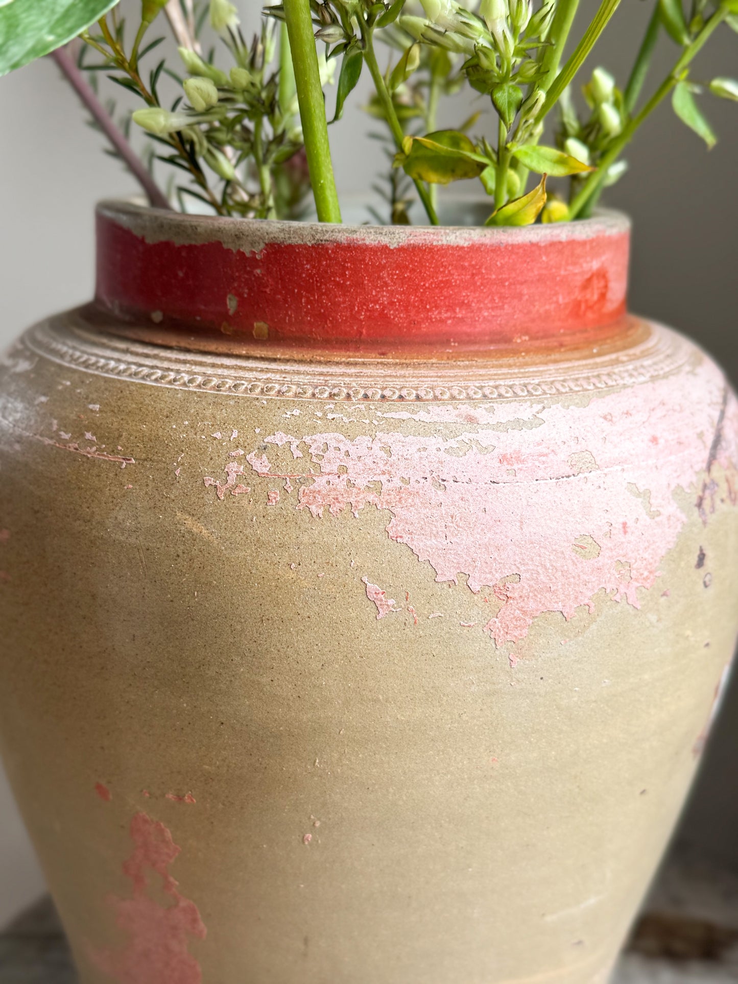 Vintage Mediterranean Earthenware Jar with Weathered Pink & Red Patina