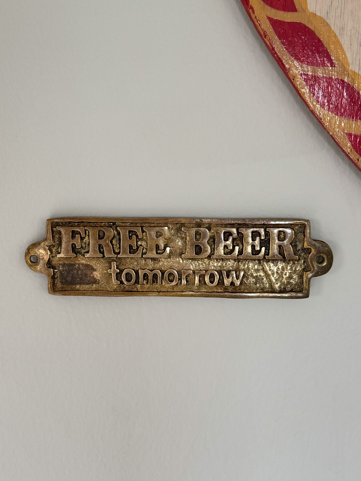 Vintage Solid Brass “Free Beer Tomorrow” Pub Sign