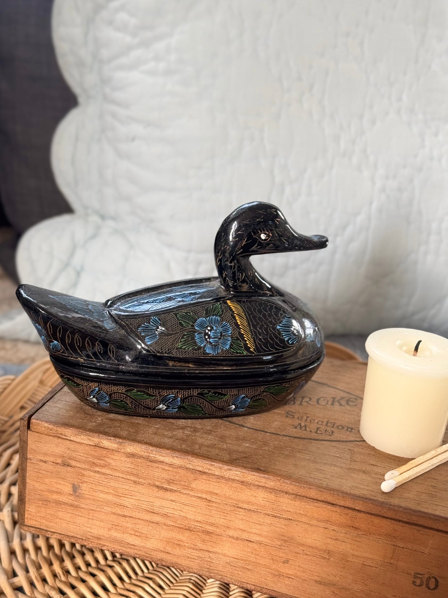 Vintage Hand-Painted Lacquered Duck Trinket Box