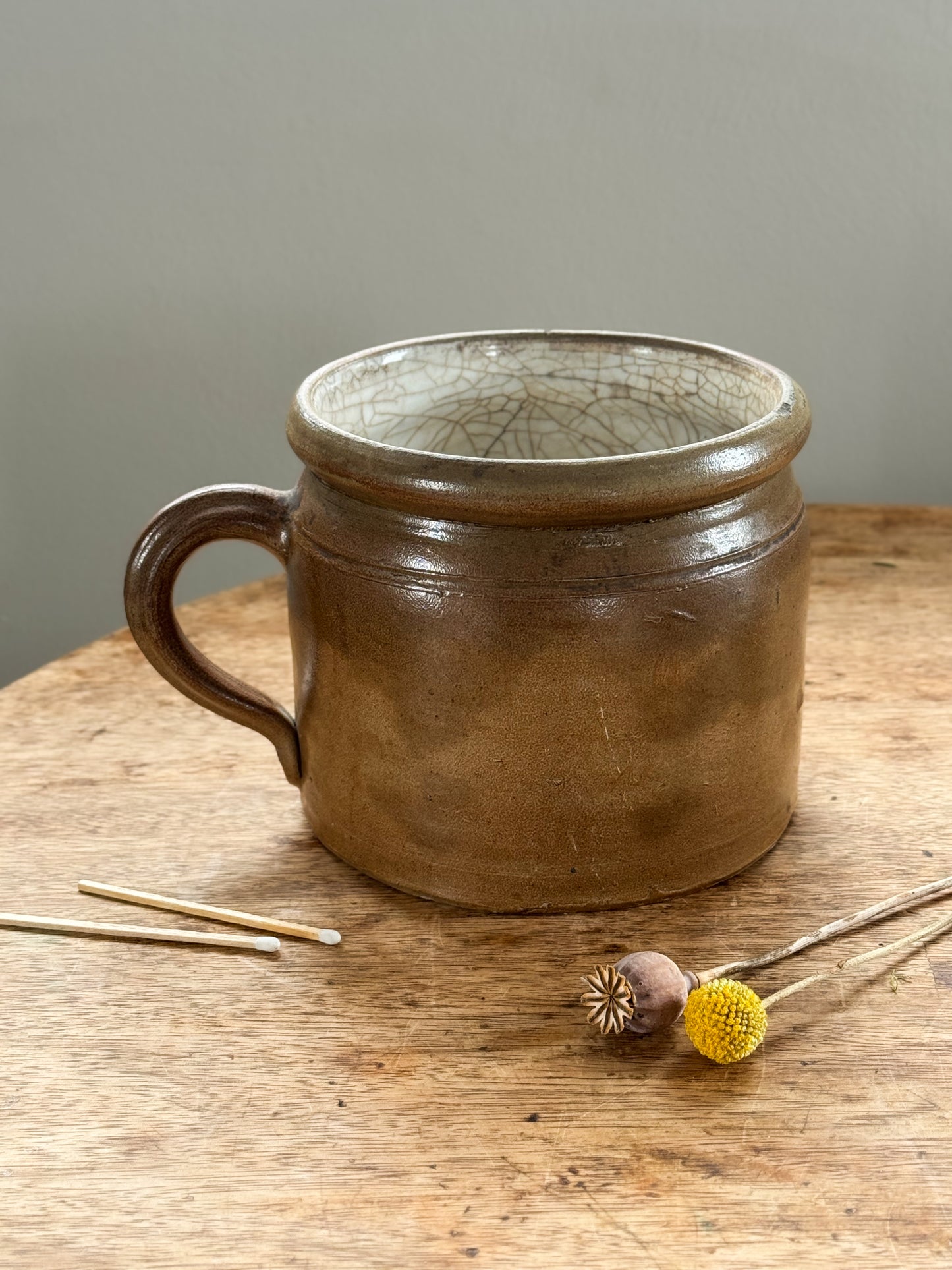 Large Antique French Confit Pot with Grey Crackle Interior