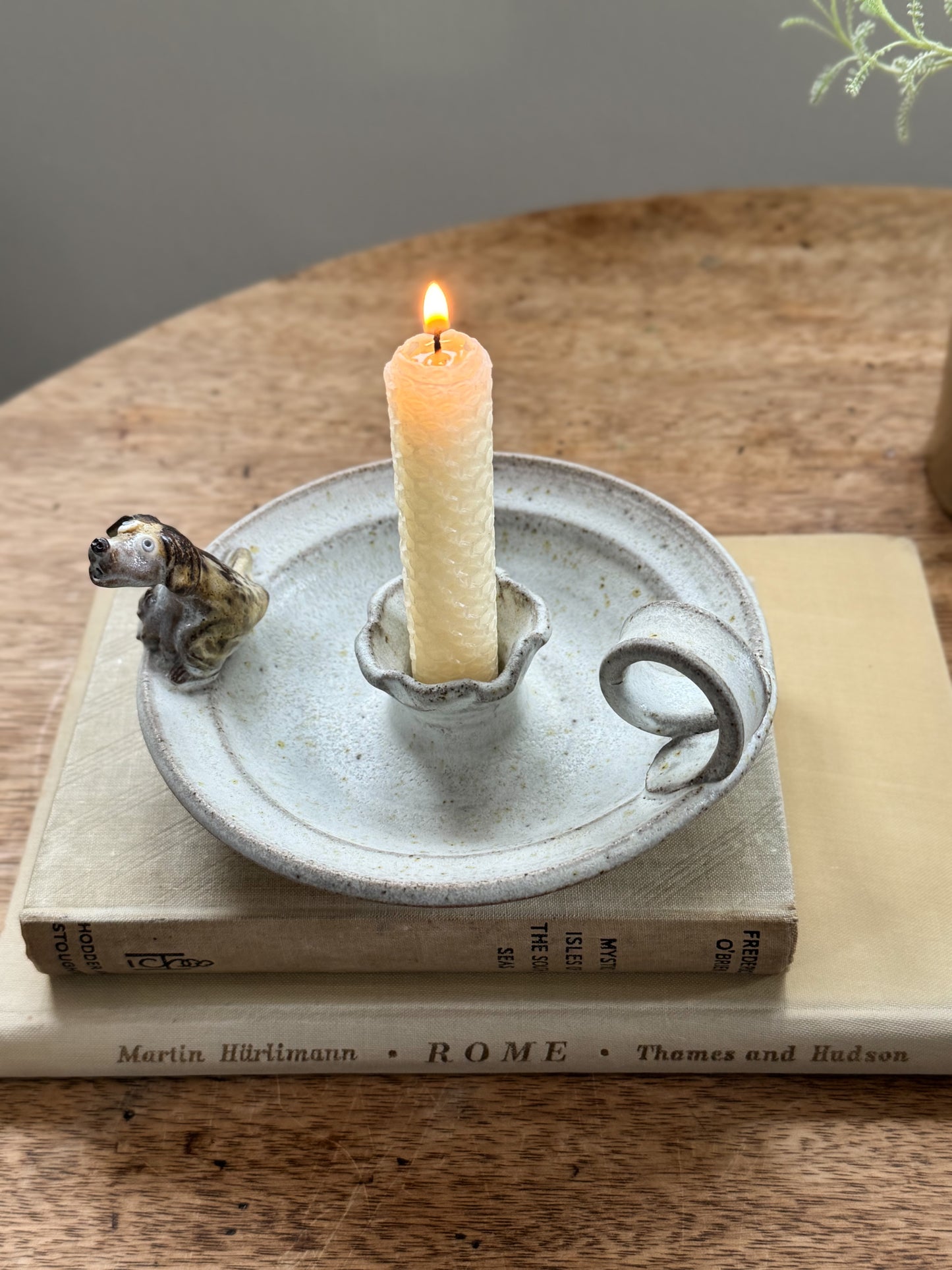 Vintage Studio Pottery Chamberstick with Little Dog