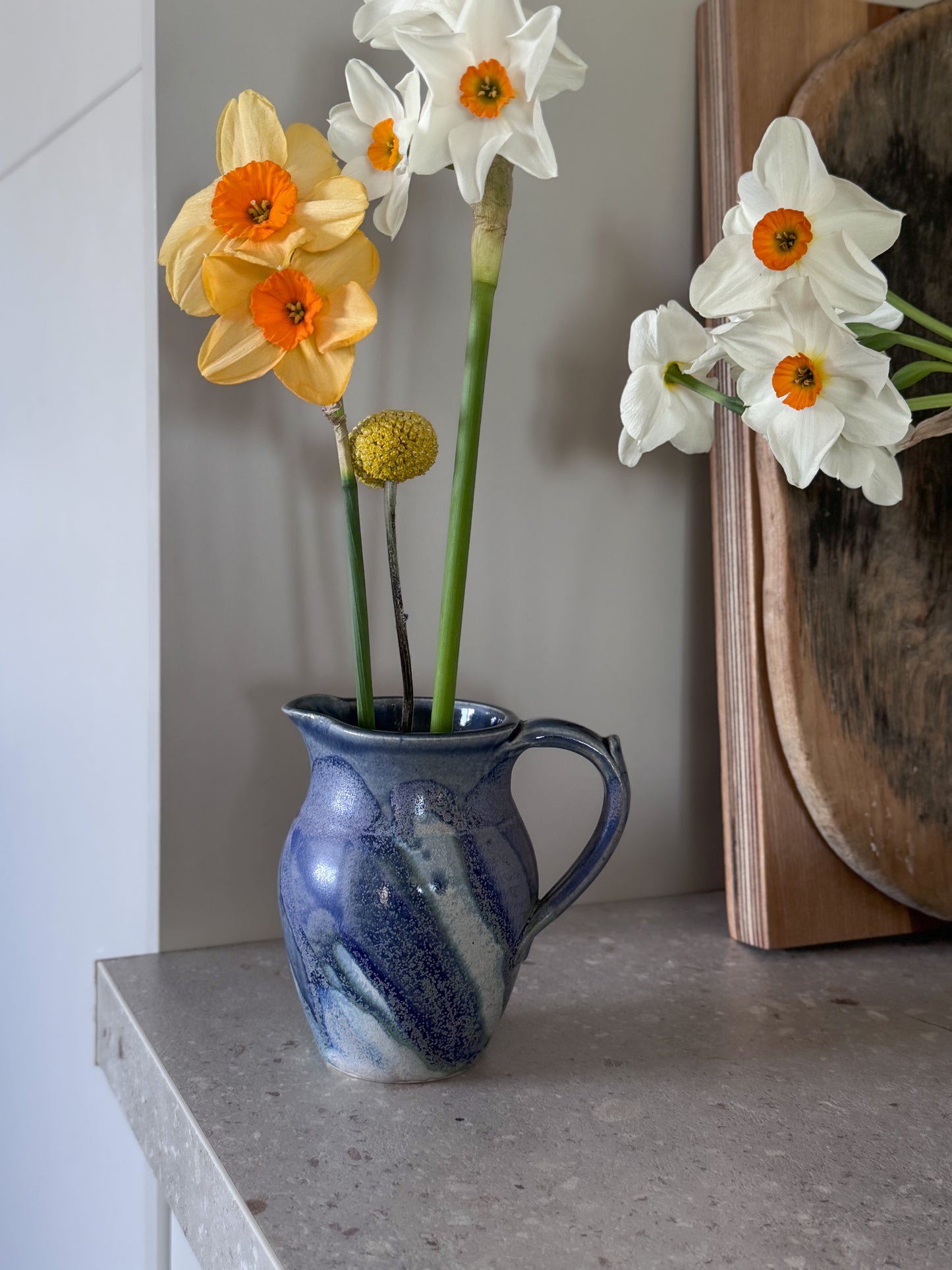 Vintage Studio Pottery Blue Drip Glaze Jug with Shell Seal