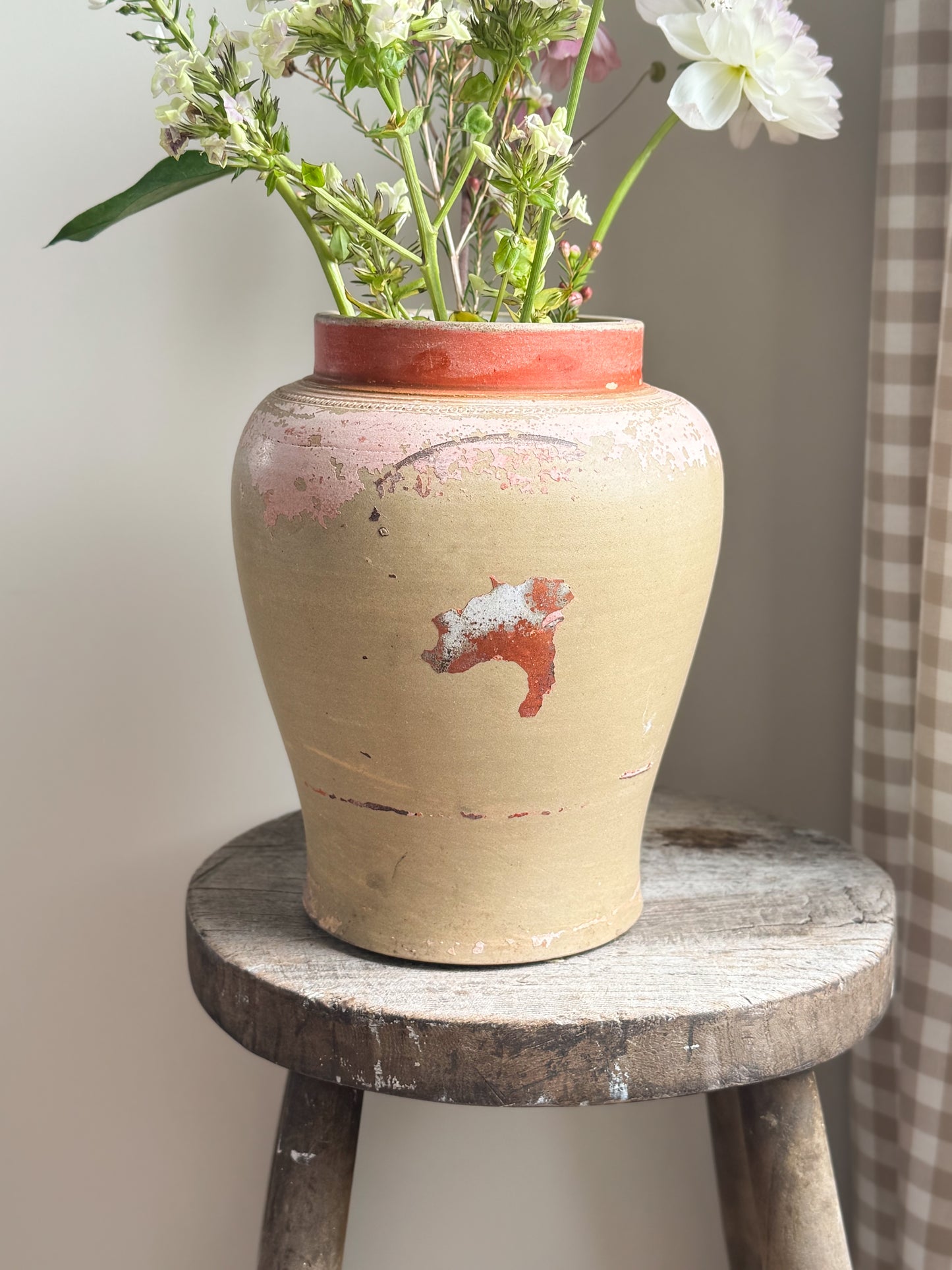 Vintage Mediterranean Earthenware Jar with Weathered Pink & Red Patina