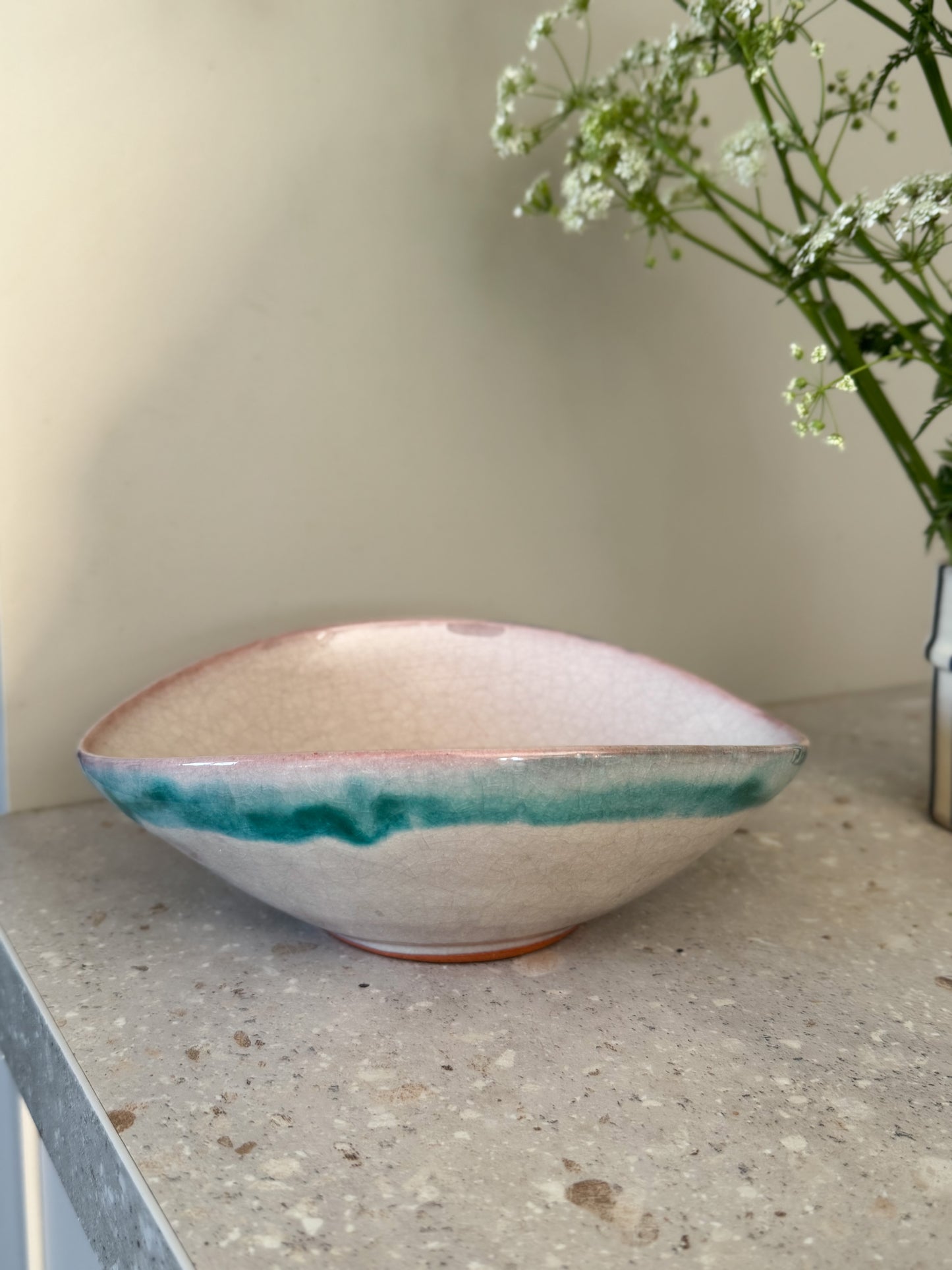 Hand-Painted German Studio Pottery Bowl – Bird Motif with Aqua Drip Glaze, Bad Wiessee