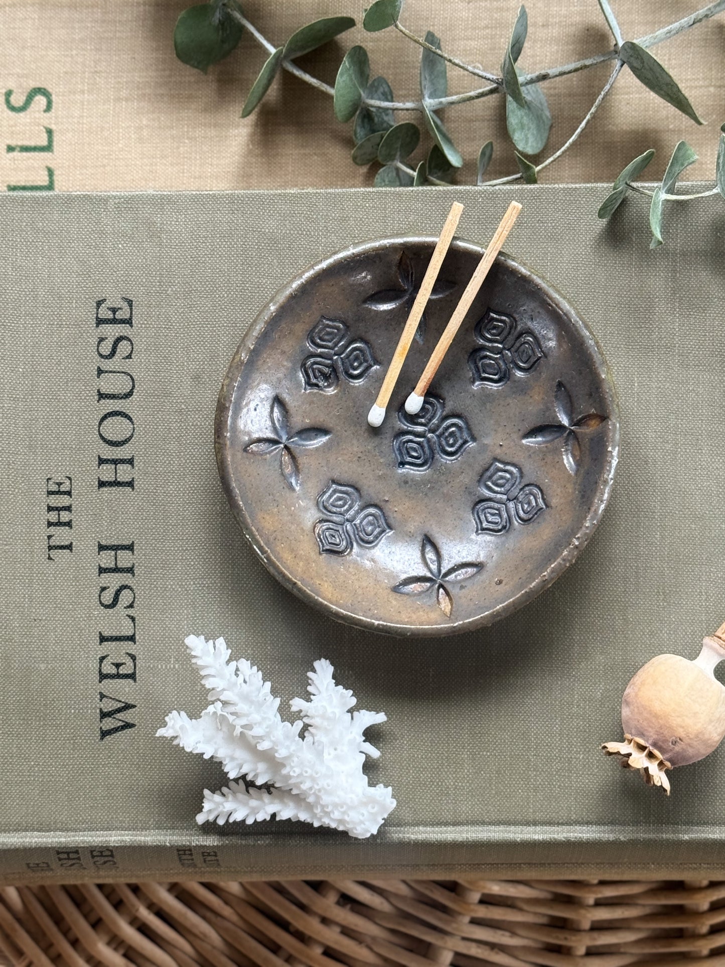 Studio Pottery Trinket Dish with Impressed Floral Design by Hearth Pottery, Yorkshire