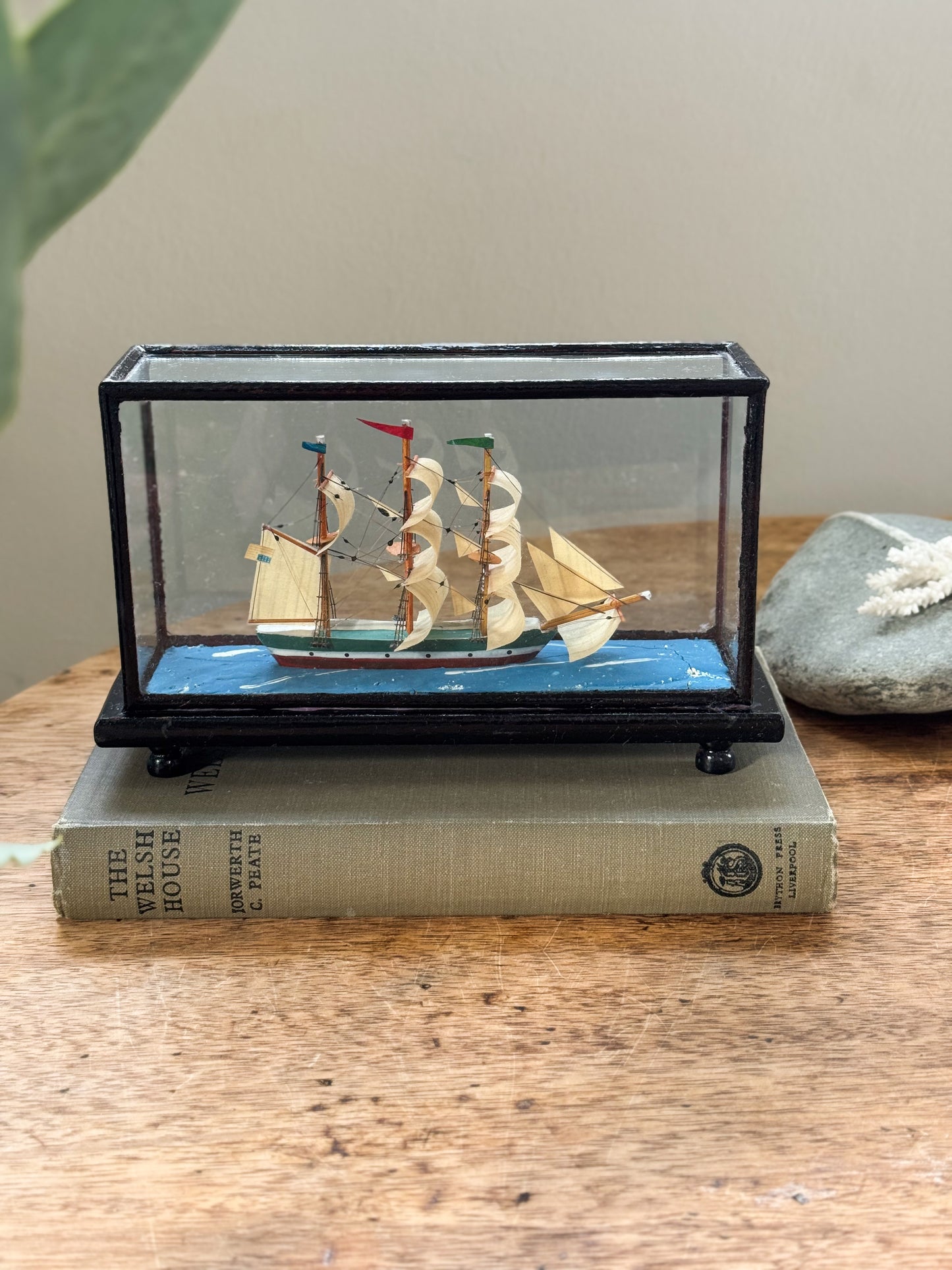 Vintage Folk Art Handmade Encased Model Ship in Glass & Wood Display