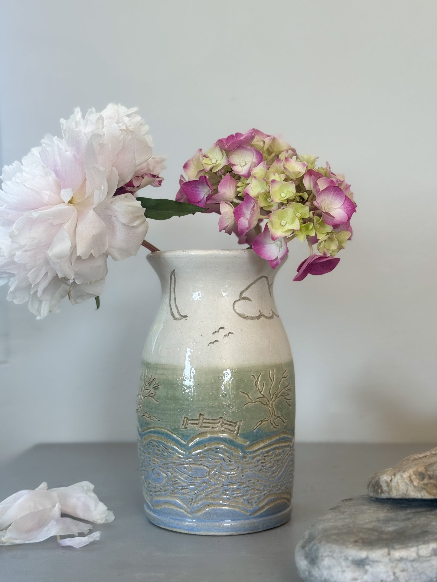 Vintage Studio Pottery Landscape Vase with Impressed Rural Scene
