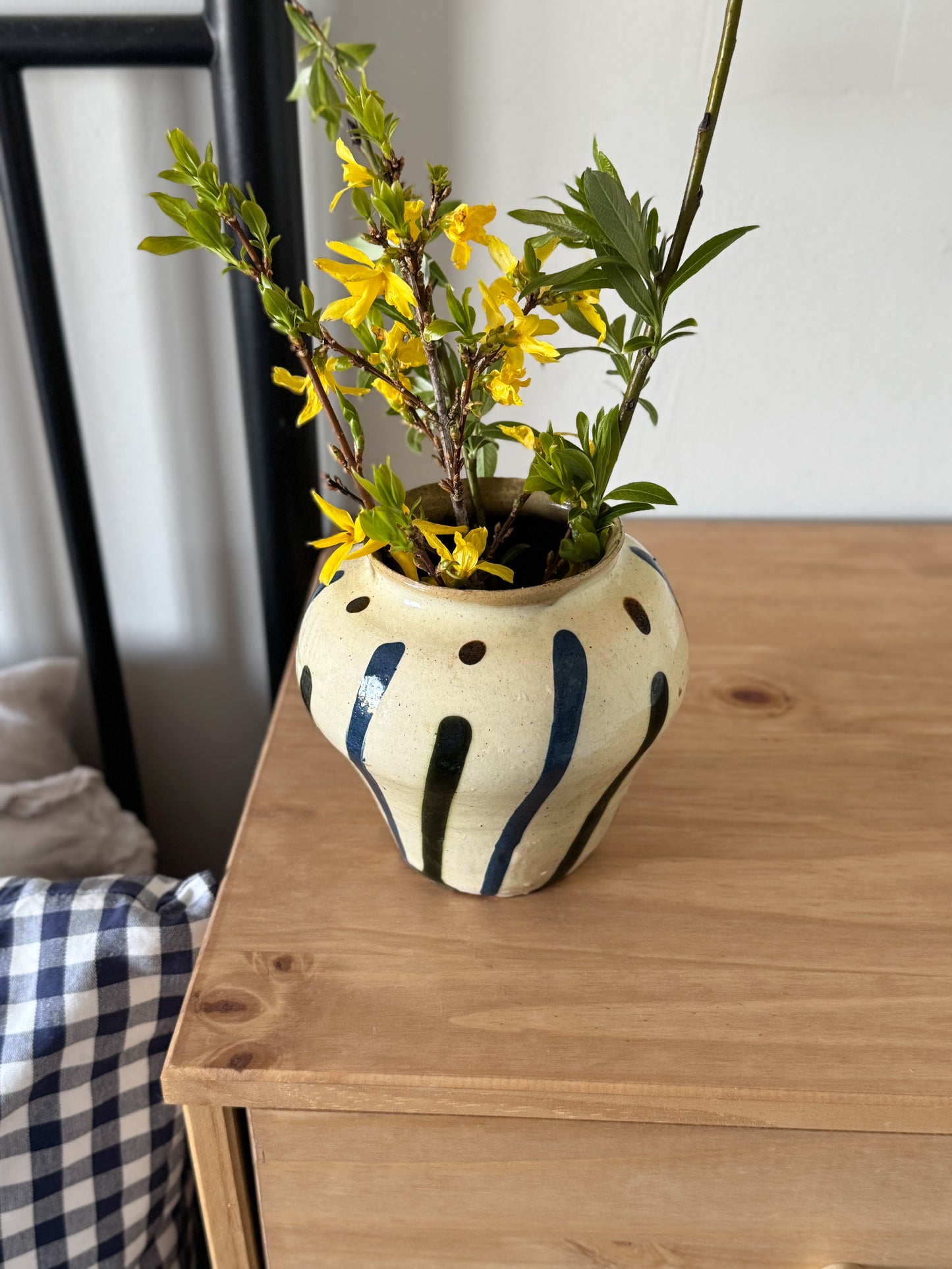 Vintage French Blue & Green Glazed Pot with Hand-Painted Stripes