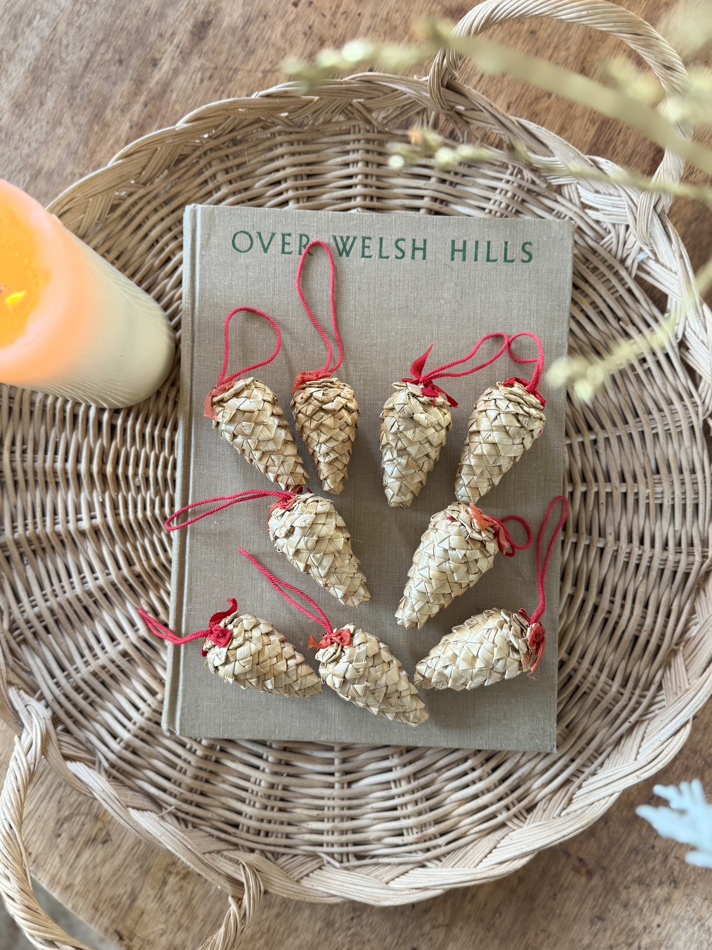 Vintage Midcentury Handmade Straw Pinecone Christmas Tree Decorations • Set of 9